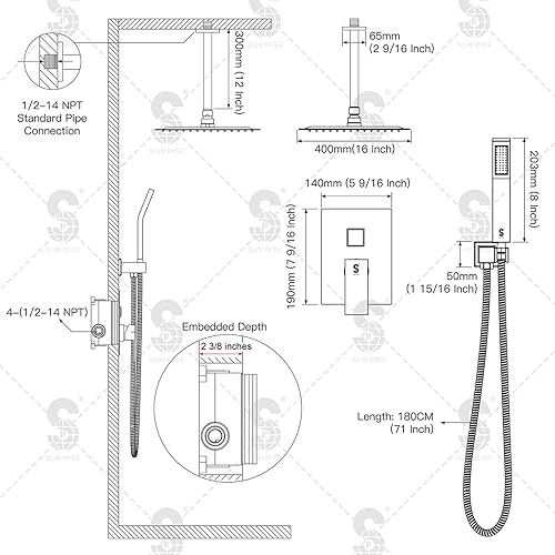 Miniatura 22 de SR SUN RISE Sistema de ducha montado en el techo de 12 pulgadas, mezclador de lluvia, sistema de cabezal de ducha de lluvia, dorado cepillado, Oro