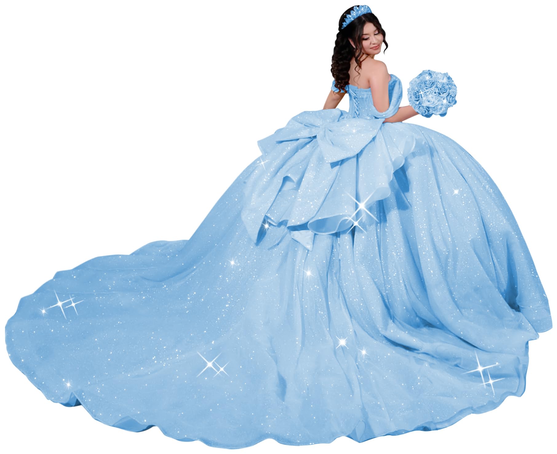 Zhangyo Off Shoulder Quinceanera Dresses Luxury Ruffle Tulle Sweet 15 16 Dress with Bow Sparkly Ball Gown with Train