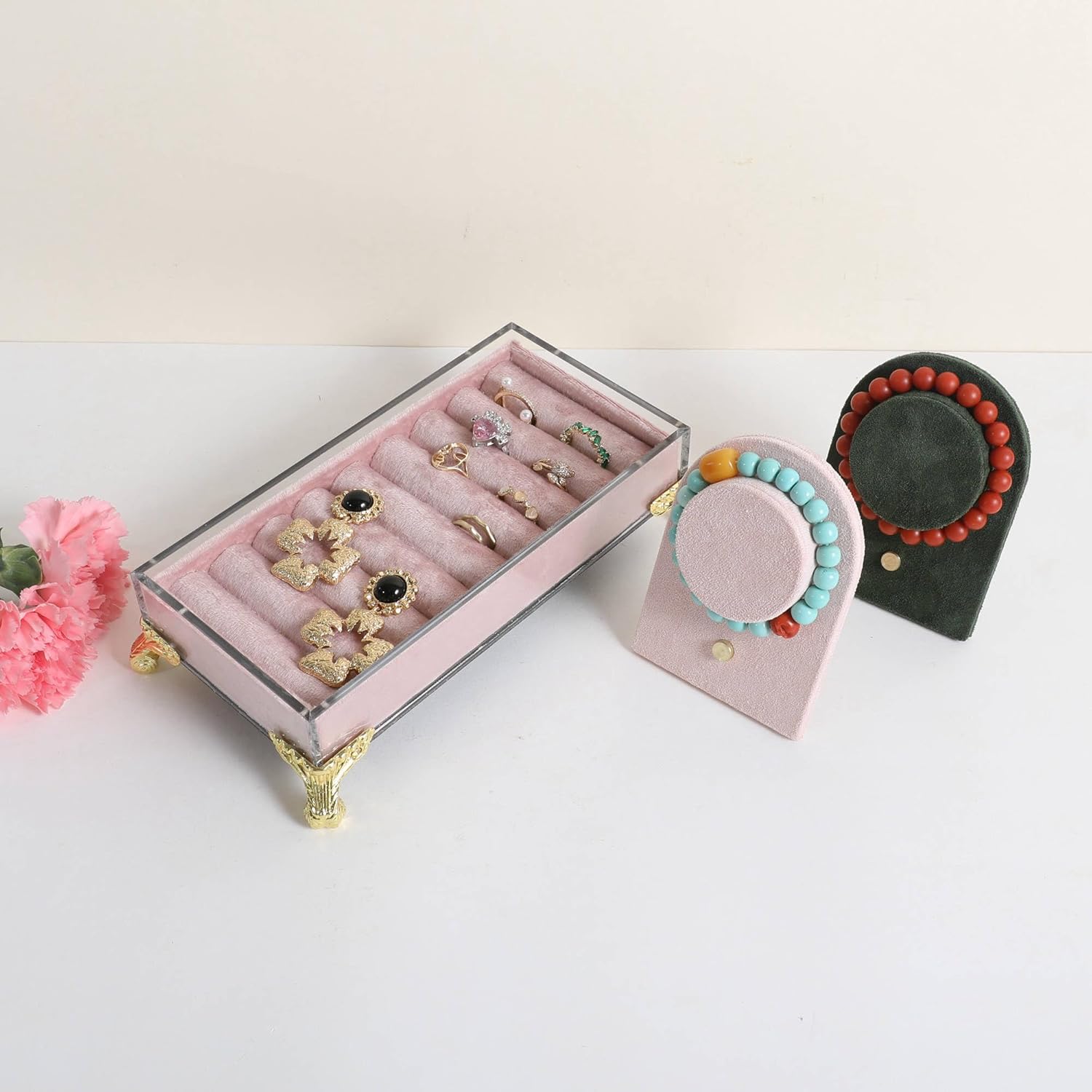 GemeShou velvet slots Ring holder for jewelry organizer, Earring ring display stand for selling, felt ring jewelry holder tray showcase【Velvet slots Ring Holder-Pink】