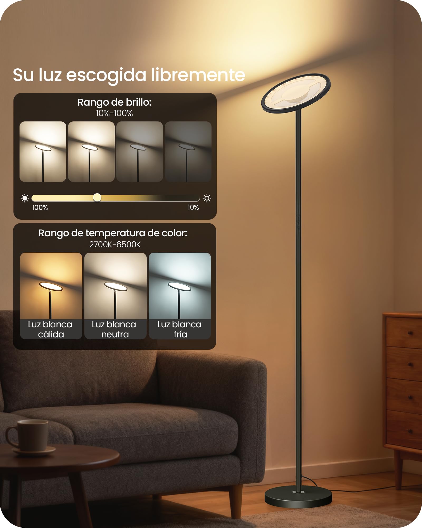 Lámpara de Pie RGB con Control por Aplicación y Voz, Compatible con Alexa, Sincronización Musical, Temporizador, Lámpara de Pie LED Inteligente, 30 W, Luz del 10 al 100%, para Salón, Negro