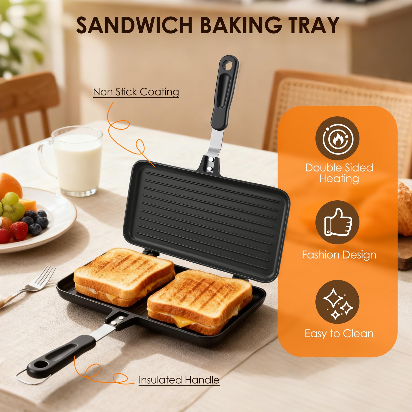 Towwoo Sándwich de doble cara, antiadherente, mango de aluminio, para tortillas y panini, 24 x 13,5 cm