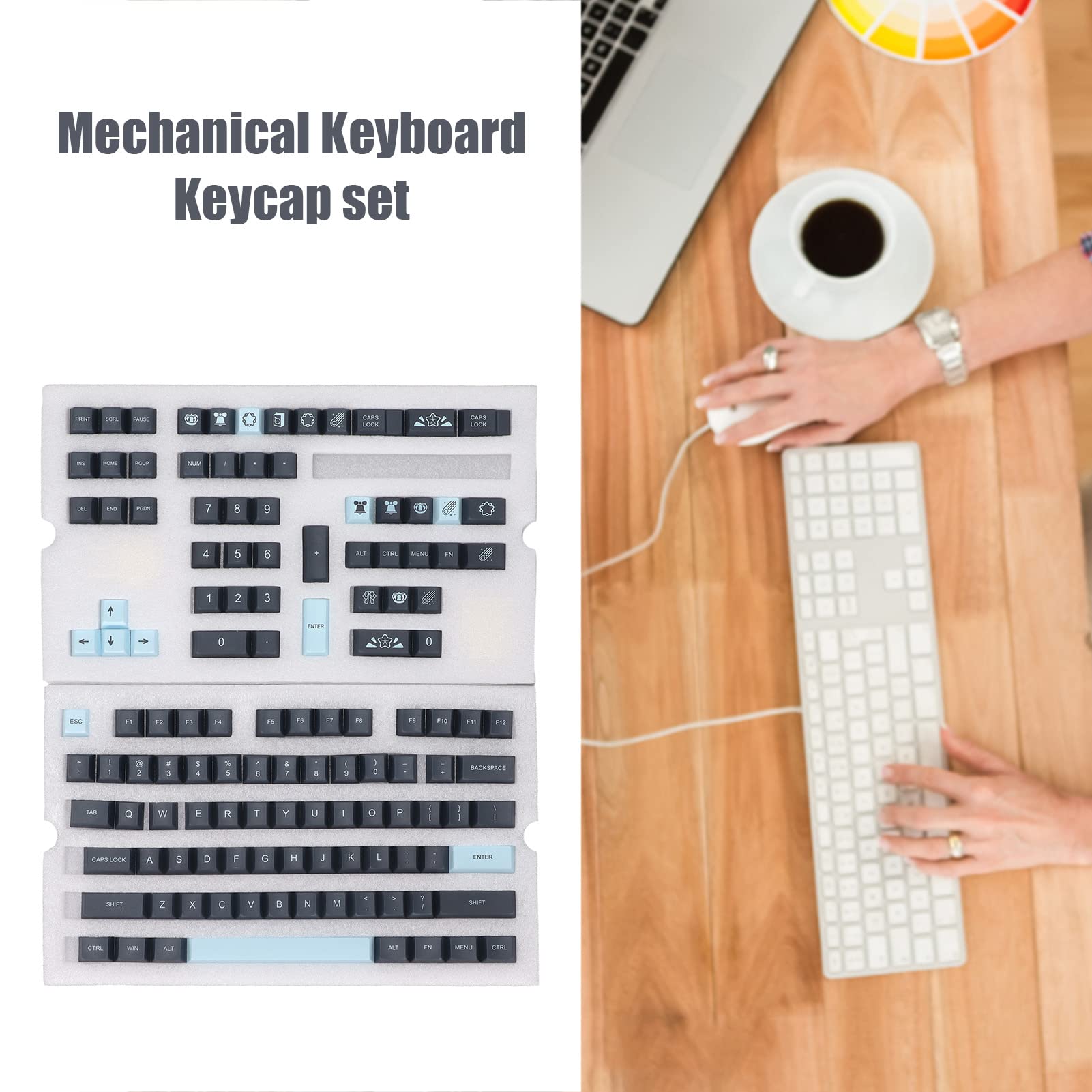 Set di 128 tasti per tastiera meccanica PBT, colori a contrasto, copritasti inglesi per giochi fai da te, design ergonomico con profilo ciliegia con tintura, leggende sublimate (Comets)