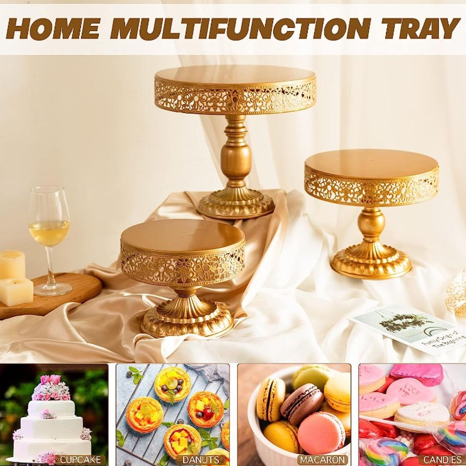 Présentoir à Gâteaux Rond En Métal Doré Pour Fête, Mariage