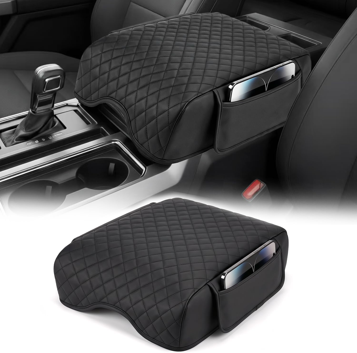 Center Console Armrest Cover with Side Pocket for 2021 2022 2023 2024 2025 2026 Ford F150, Arm Rest Lid Cover Leather Protector, Middle Console Cushion Interior Accessories ( For Bucket Seat Only)