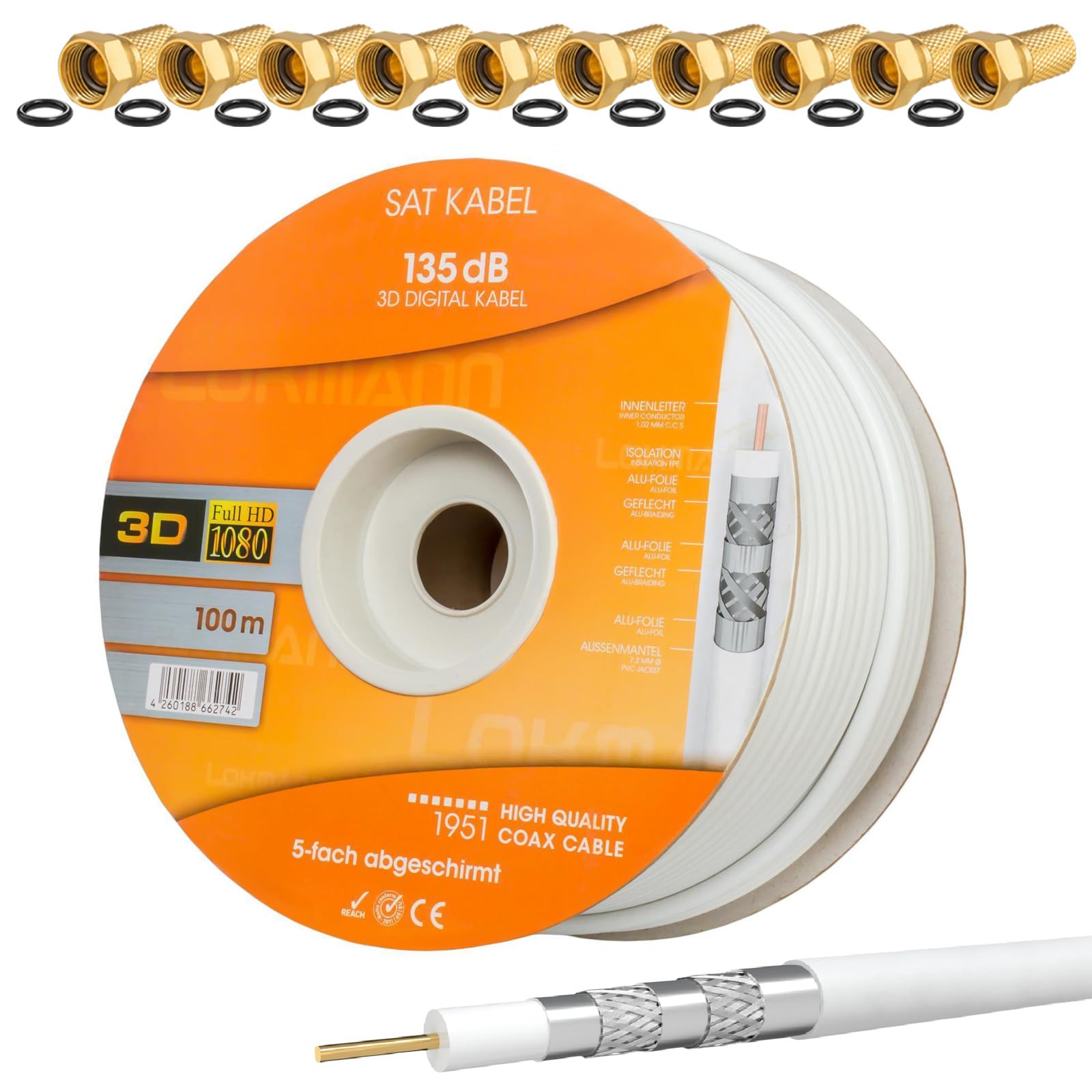 HB-DIGITAL SET: 100m Koaxial SAT Kabel 135db Weiß + 10x F-Stecker vergoldet | CCS (Stahl-Kupfer) Satellit Antennenkabel 5-Fach geschirmt für DVB-S/S2 DVB-C/C2 DVB-T/T2 DAB+ Radio BK Anlagen