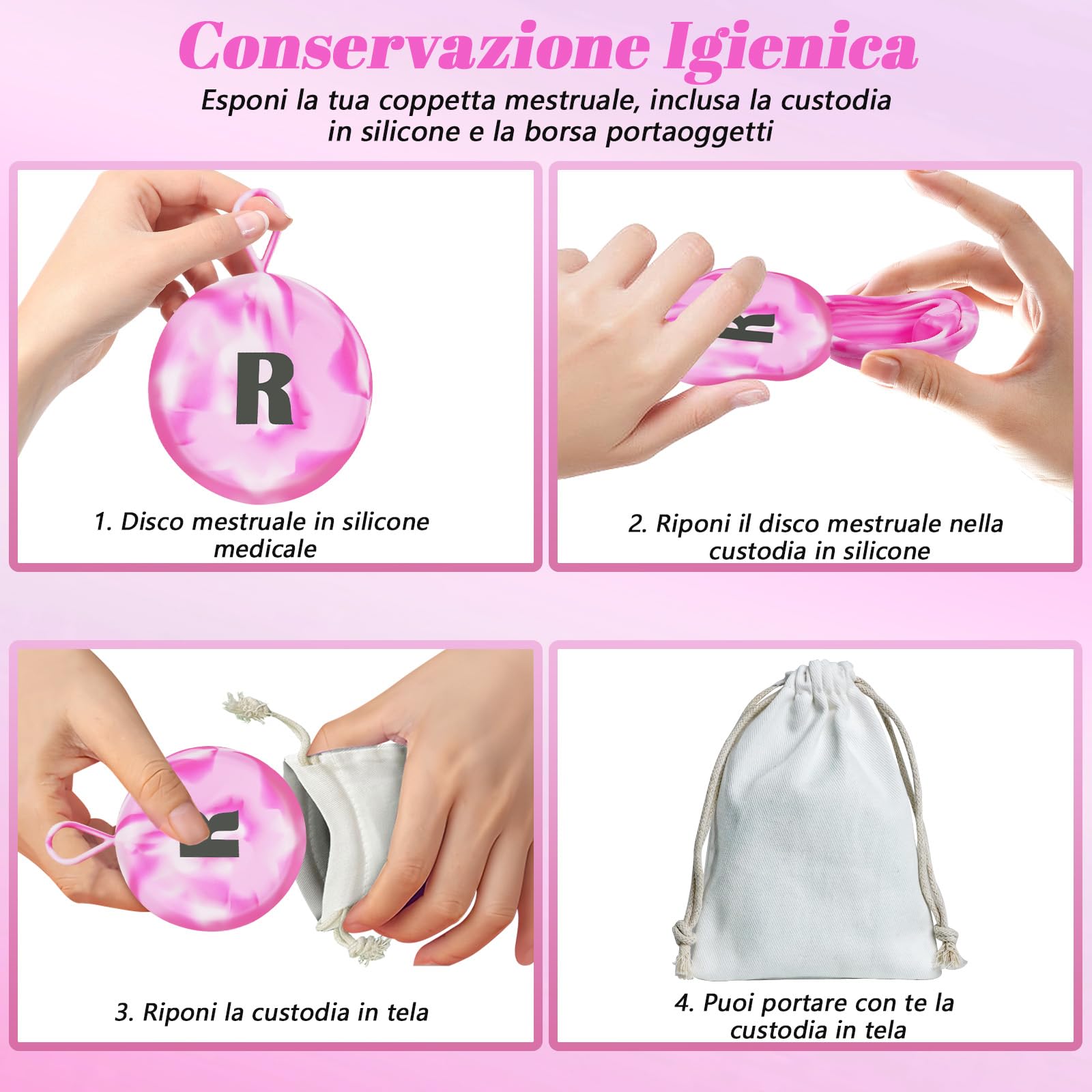Robofun Disco mestruale, 2 pezzi (S+L) - Coppa mestruale riutilizzabile in silicone medico 100% per tutte le correnti, senza pericolo per lo sport e il nuoto -Bianco&Viola