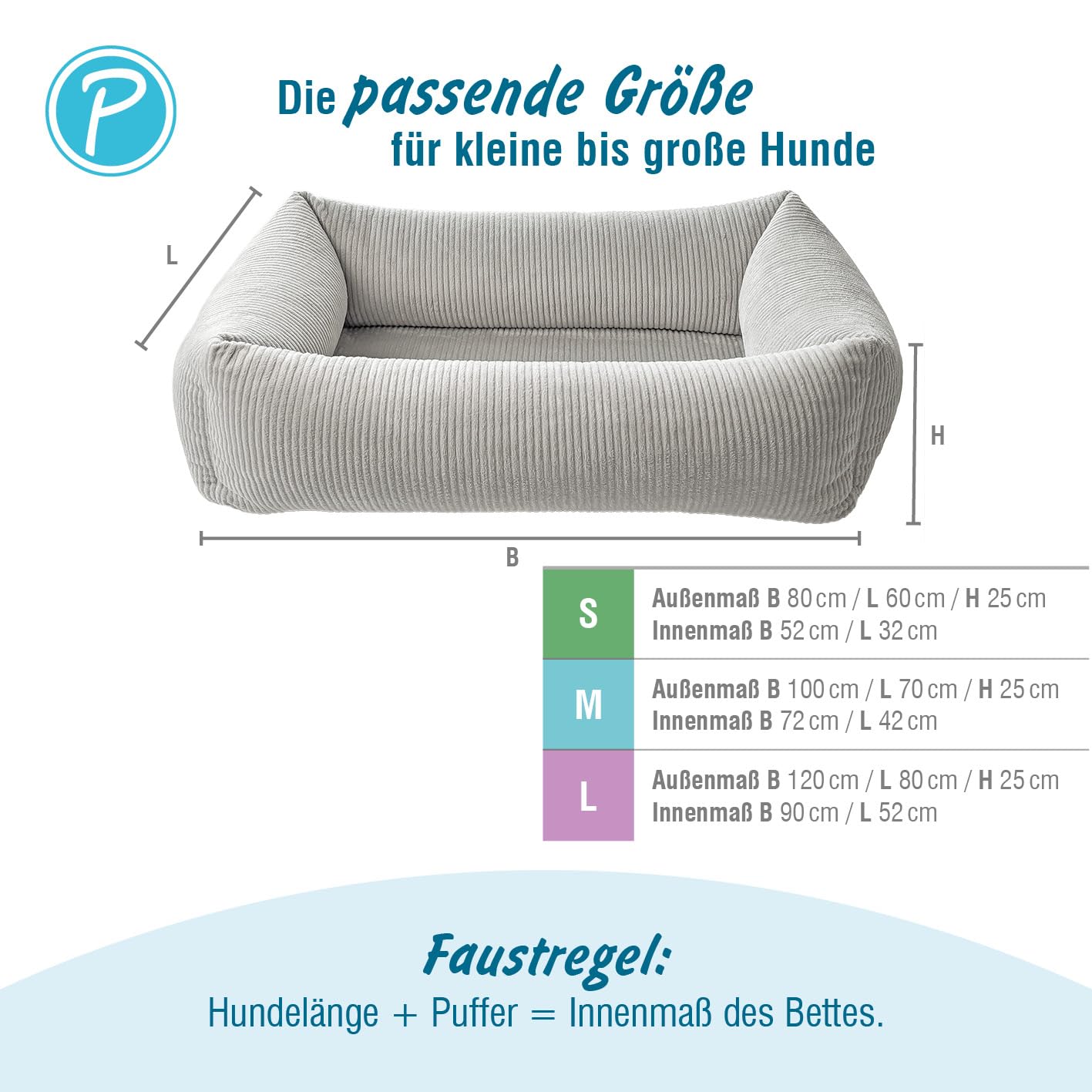 Petlando orthopädisches Hundebett, ergonomisches Hundesofa, Stabiler Rand, rutschfest, weicher Cord Bezug waschbar bei 60°C, Dog Bed LikeOrtho Luke Grau, S für kleine Hunde L 80 x B 60 x H 25 cm