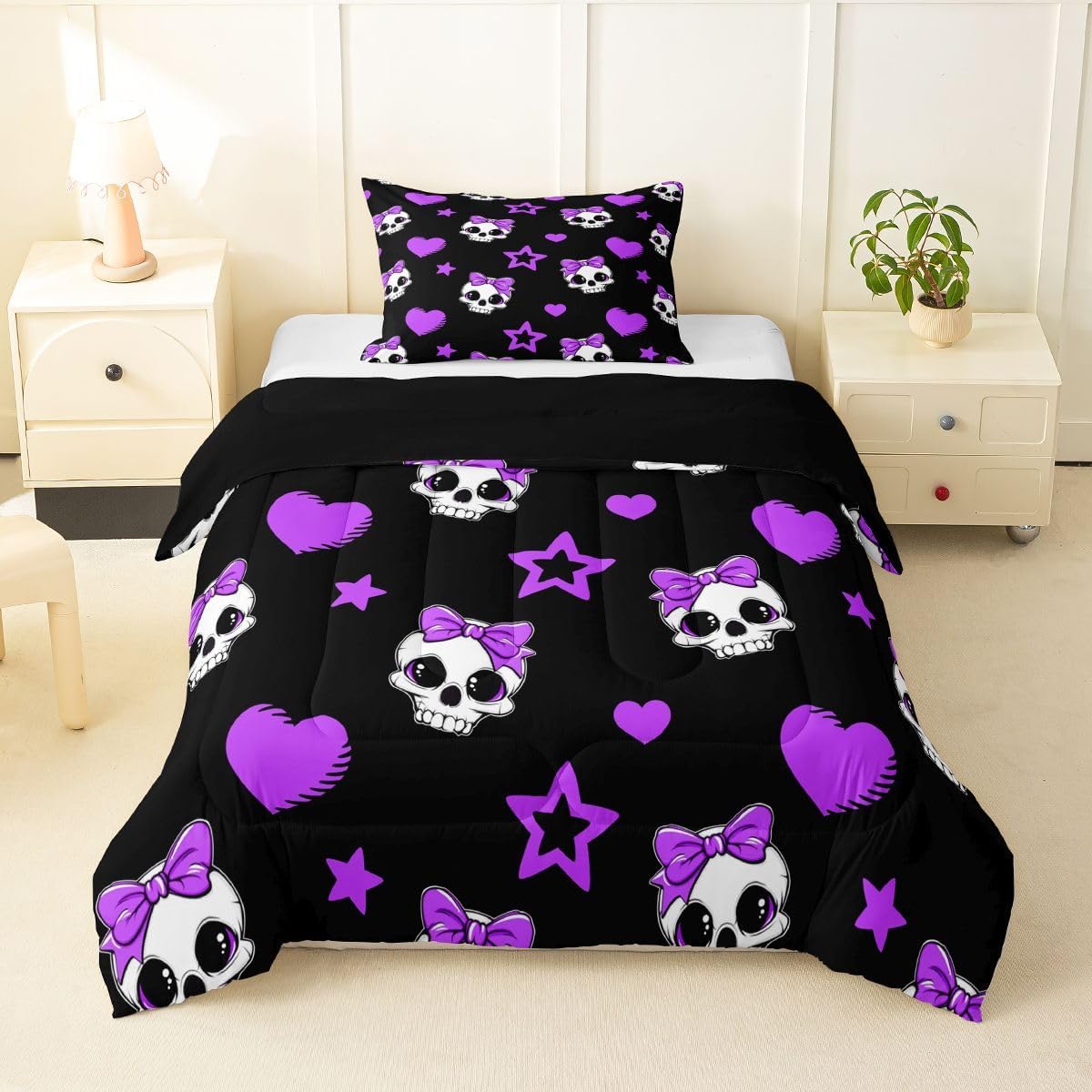 Cartoon Skull Queen Size Comforter Set,Halloween Theme Cute Skeletons Down Alternative Comforter Adults Bedroom Decor,Pink Hearts Stars Bow Black Ultra Soft Microfiber Inner Fill 3Pcs Bedding
