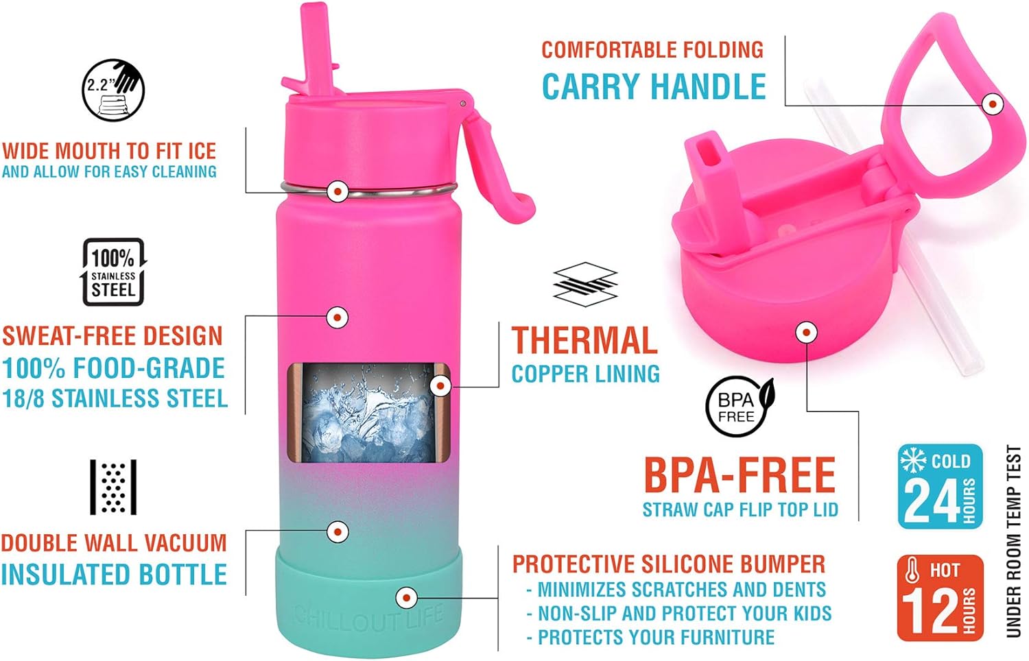 CHILLOUT LIFE 17 oz Kids Insulated Water Bottle for School with Straw Lid Leakproof and Cute Waterproof Stickers, Personalized Stainless Steel Thermos Flask Metal Water Bottle for Girls & Boys - Image 3