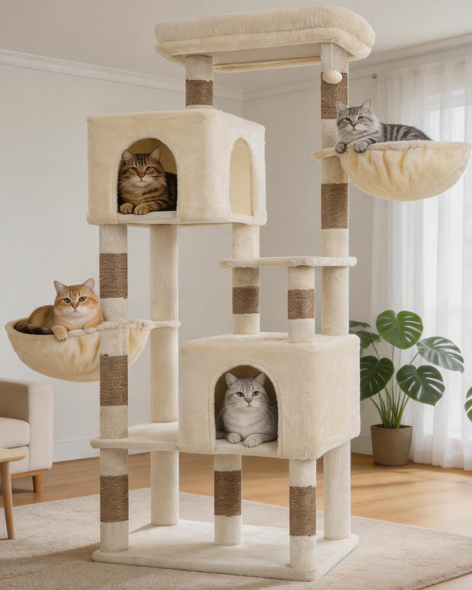 Heybly Kratzbaum Groß, 193 cm Hoch Kratzbaum Grosse Katzen Stabil, Inklusive 2 Katzenhäuschen, Einer Hängematte, Einem Katzenkorb und 10 Sisal-Kratzstämmen, Rauchgrau HCT039G