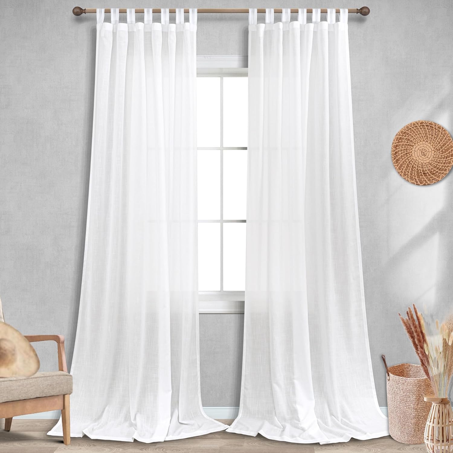 KOUFALL White Curtains 96 Inches Long,Sheer Linen Opaque Floor Length Curtains Sheers Drapes for Living Room,2 Panels Set