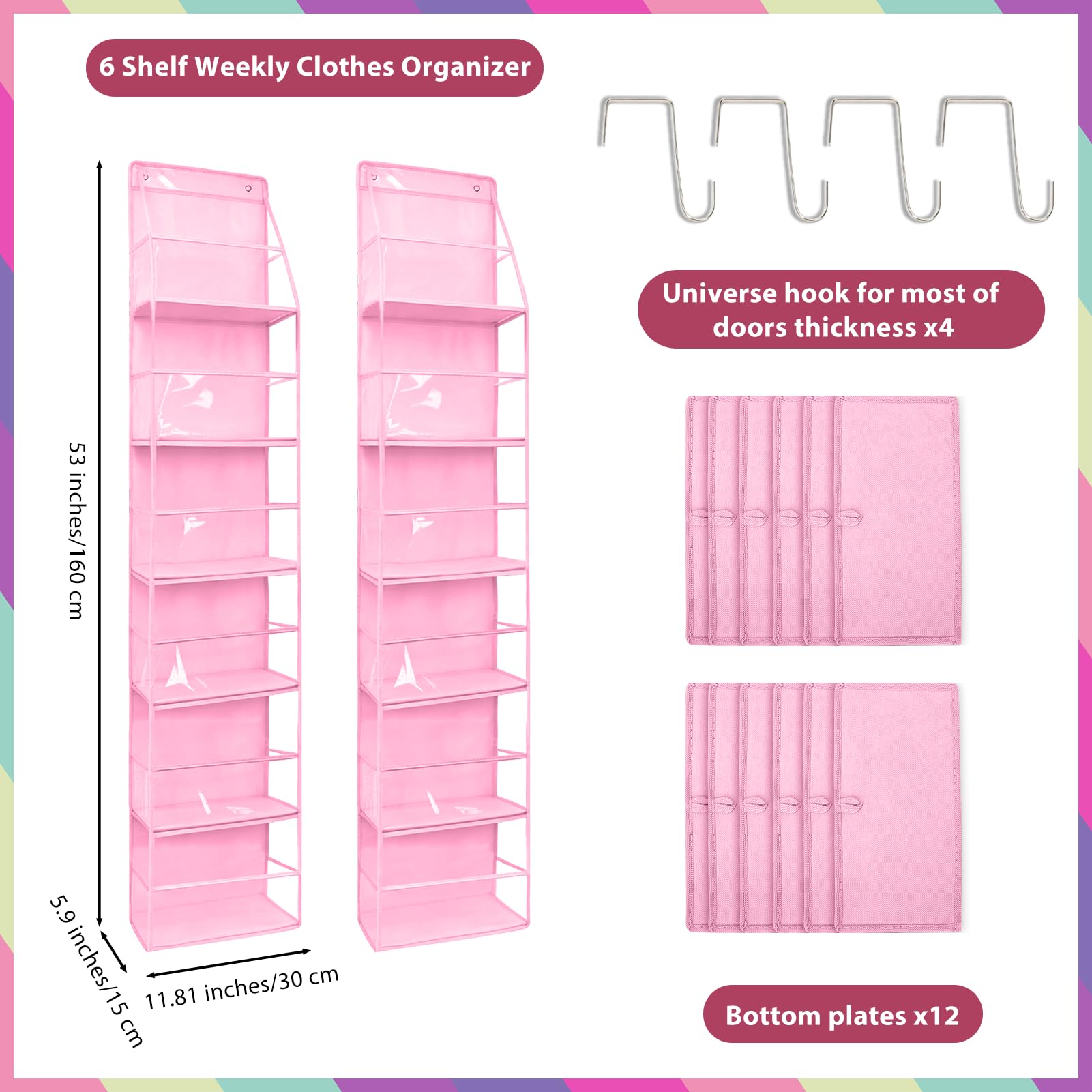 Lot de 2 organiseurs de vêtements hebdomadaires à 6 étagères, organiseur de placard à suspendre pour enfants avec 2 ensembles d'autocollants pour jour de la semaine, 15 x 30 x 134,6 cm (rose)