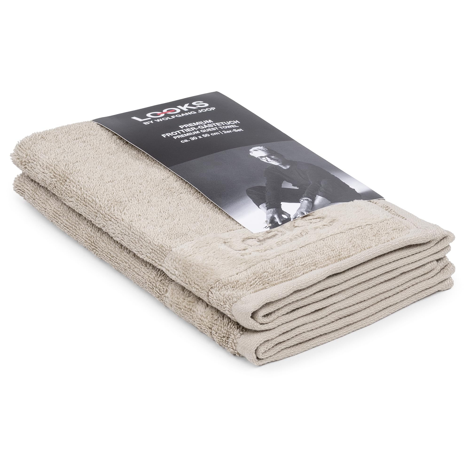 LOOKS BY WOLFGANG JOOP 2X Gästehandtuch 30x50 cm – 100% Baumwolle Doppelpack Luxus Gästehandtücher mit Aufhänger & Logostick, 2er Set Gästetuch Dunkelbeige