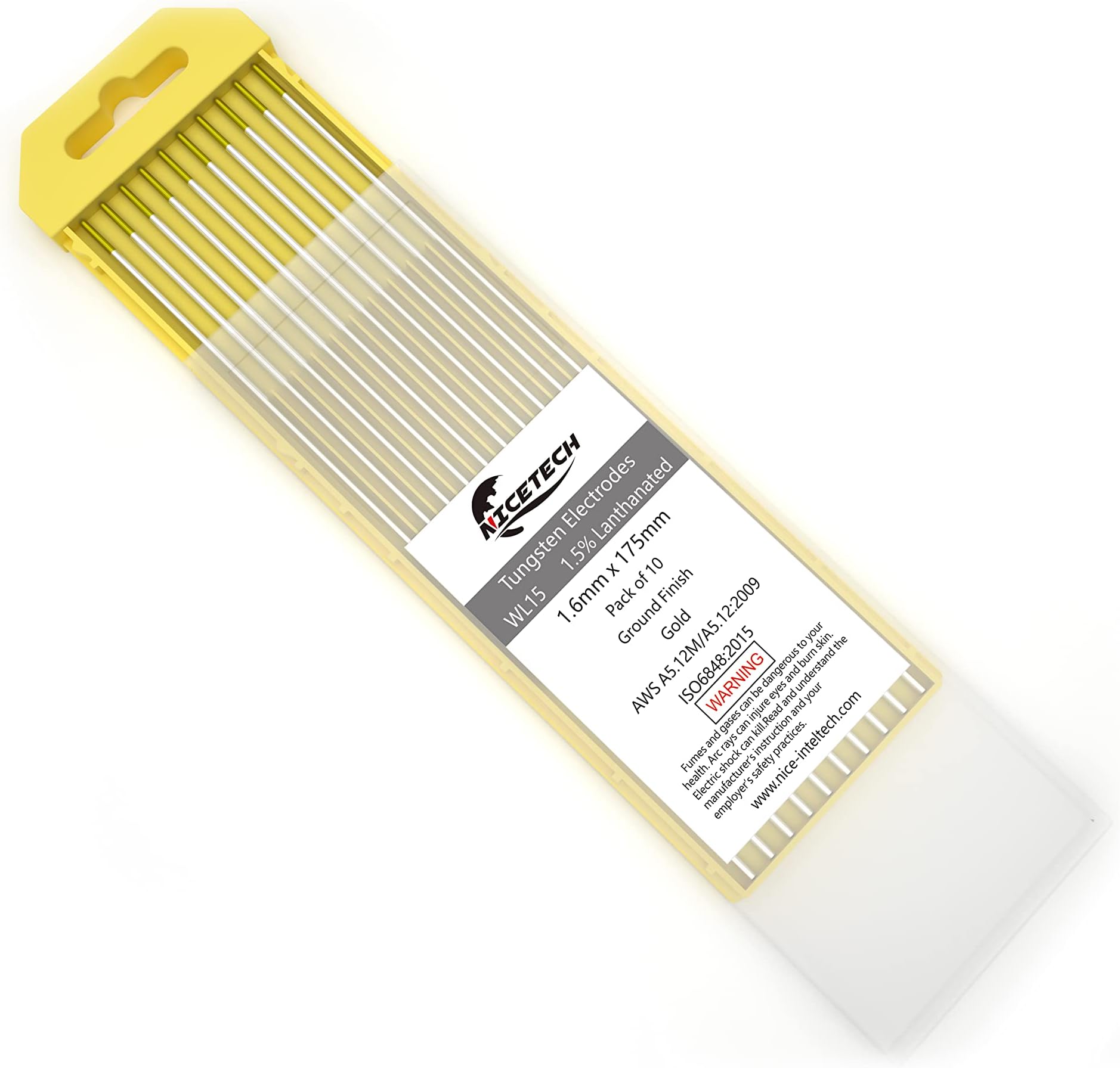 TIG Welding Tungsten Electrodes 1.5% Lanthanated 1/16" x 7" (Gold, WL15/EWLa-1.5) 10-Pack