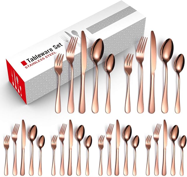 Rose Gold Cutlery Set, Home Safety 30 Piece Dinnerware/Flatware/Silverware Set, Stainless Steel Dinner Set Service for 6, Mirror Polished Dishwasher Safe,Include Knife/Fork/Dessert Fork/Spoon/Teaspoon