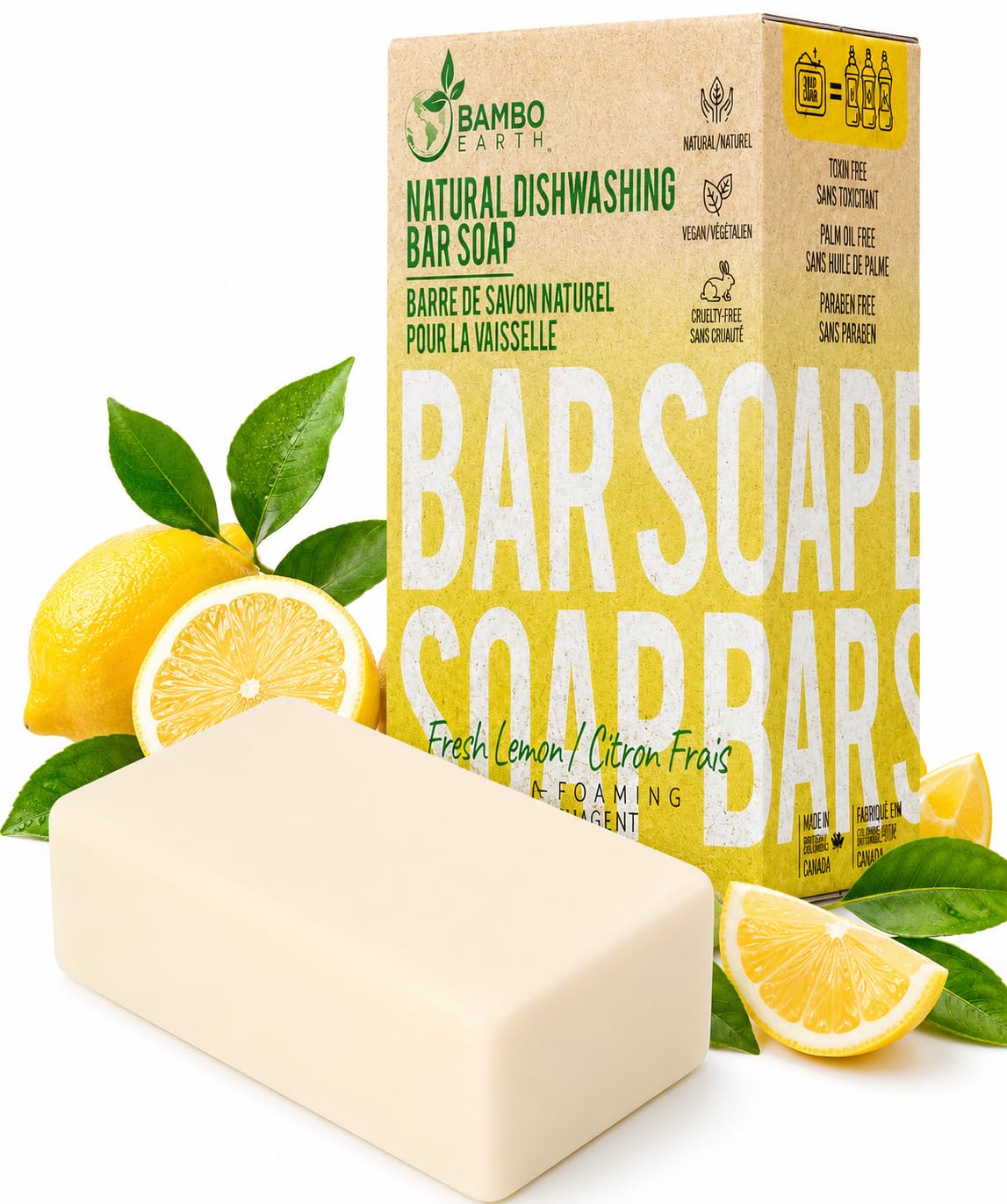 Natural Non-Toxic Dish Washing Soap - Dyes And Fragrance Free - Vegan Cruelty-Free Eco-Friendly And Zero Waste Dishwashing Handmade Solid Bar Soaps Detergent &amp; Biodegradable (Lemon Single)