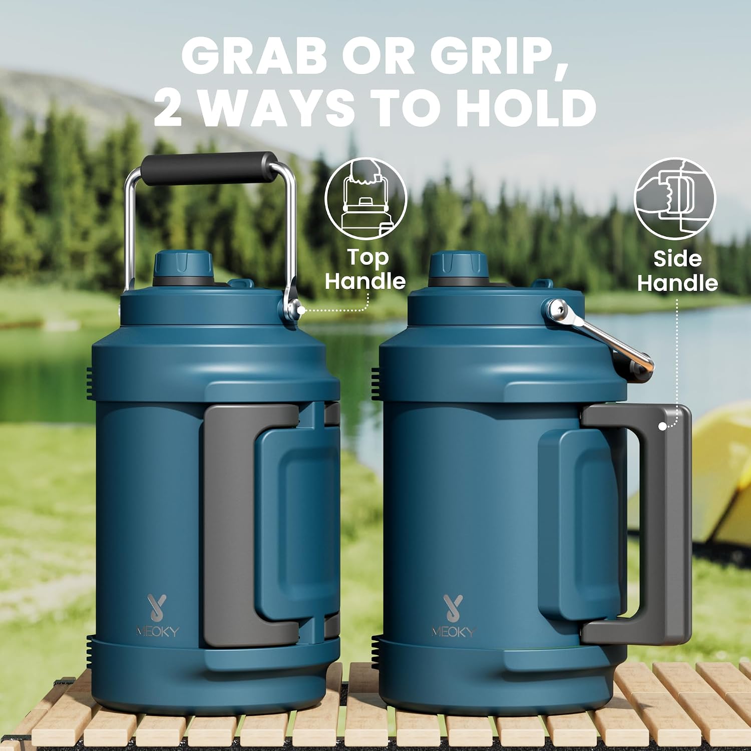 1 Gallon Insulated Water Bottle for Sports: Meoky 128 oz Triple Wall Vacuum Stainless Steel Water Jug - Top and Side Handles, Cold for 48 Hrs, 2-in-1 Straw and Spout Lid, Leak Proof for Hiking (Denim)