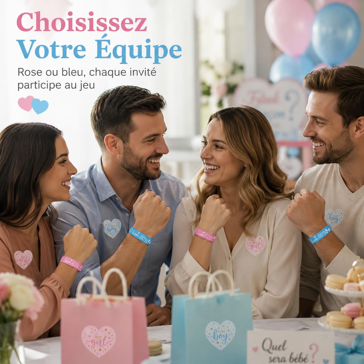 Kit de Révélation de Genre 60 Pièces avec Bracelets Silicone et Autocollants Cœur pour Annonce Grossesse