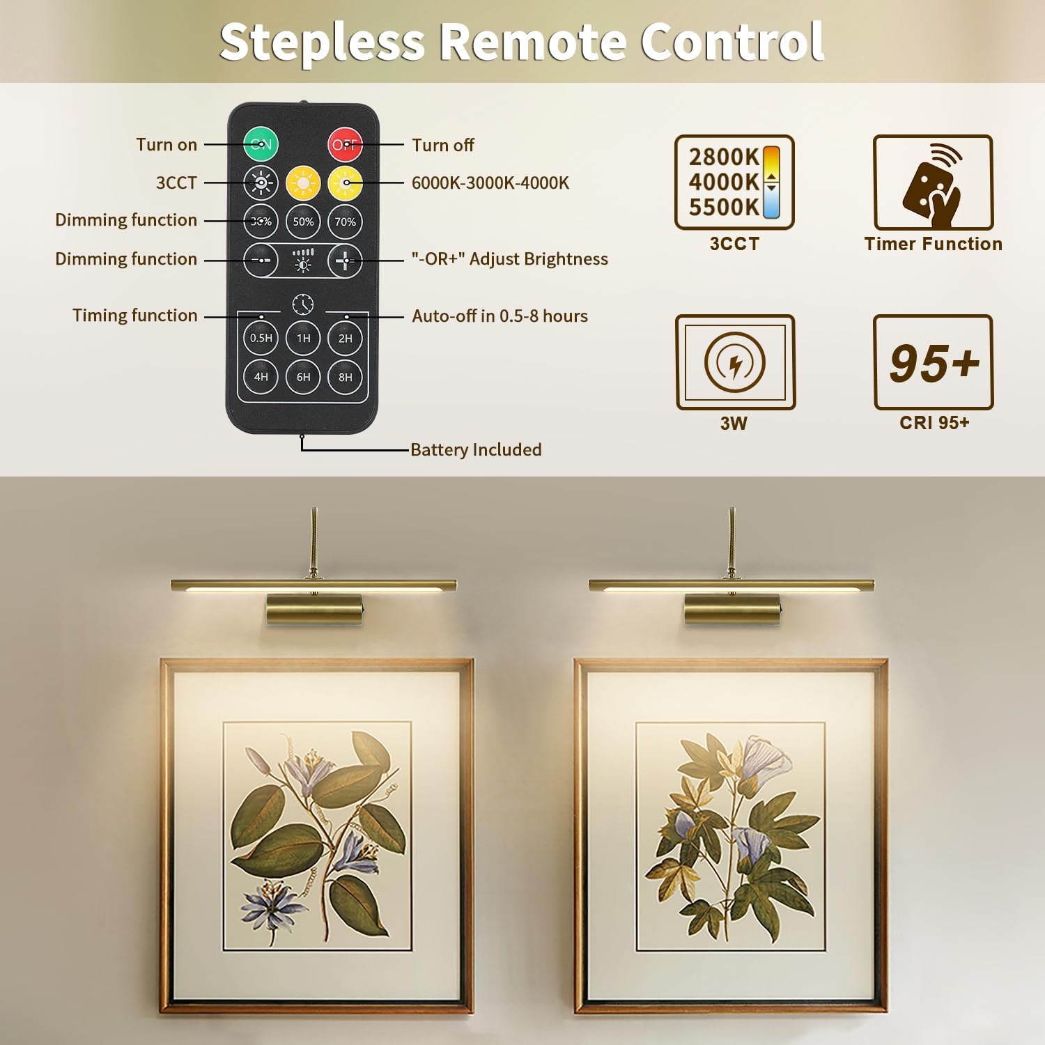 JOOSENLUX Battery Operated Picture Lights Gold Wall Lights Wireless Flexible Neck with Remote Rechargeable Wall Lights for Pictures 16" Dimmable Display Art Light with Timer 3000K Brass