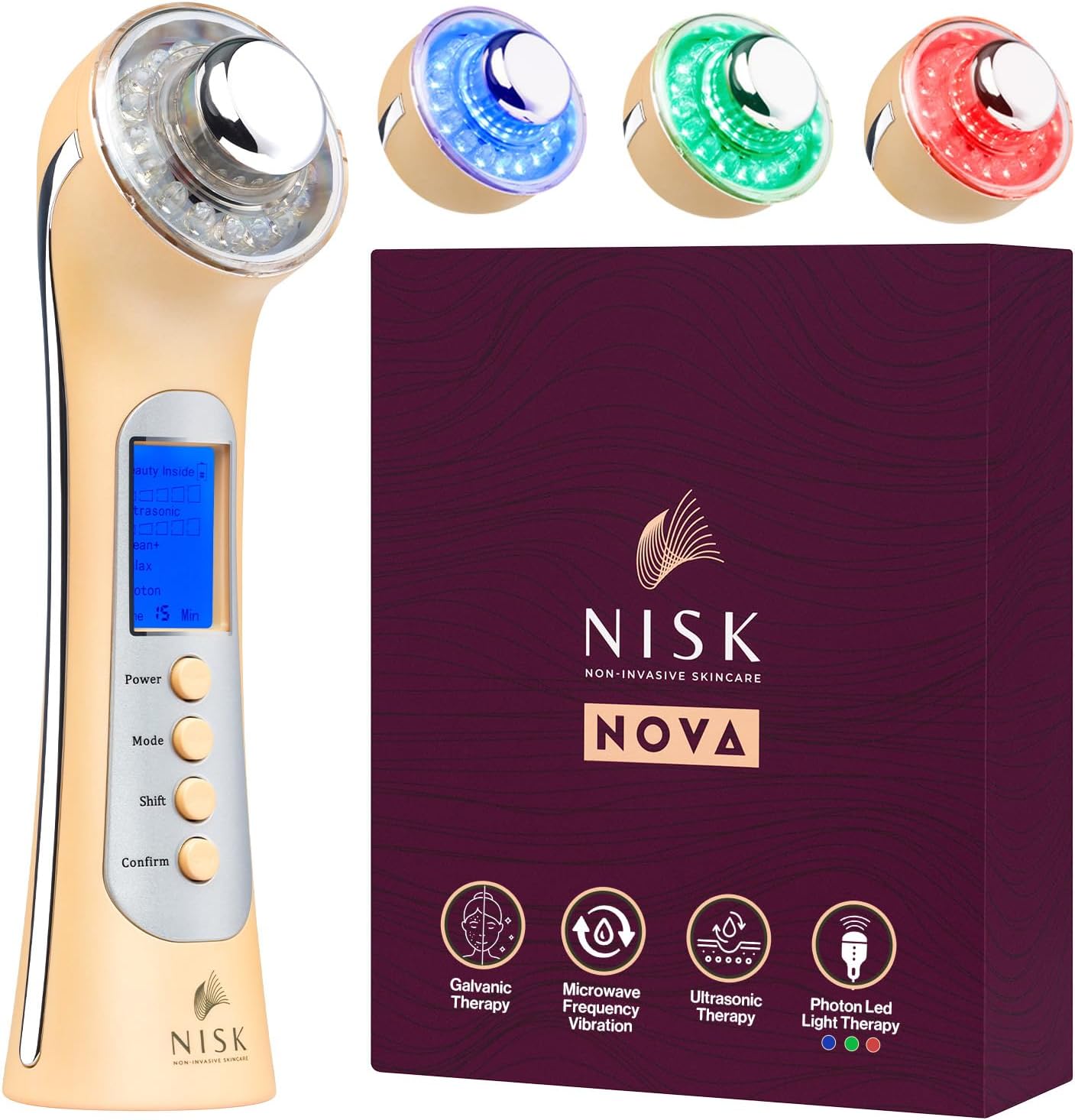 Nova 4-in-1 Facial Wand: Red, Blue and Green Light Therapy, Galvanic Ion Cleansing, Ultrasonic Face Lift & Anti-Aging Device, Tightening, and Rejuvenation for Home Use
