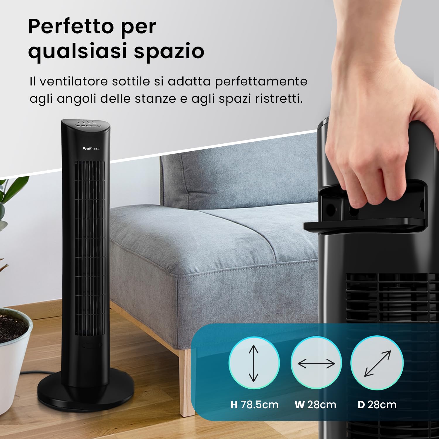 Pro Breeze Ventilatore a Torre Oscillante - 60W Con Timer 7,5 ore e Telecomando - Oscillazione a 70° Gradi e 3 Modalita di raffreddamento- Altezza 79 cm