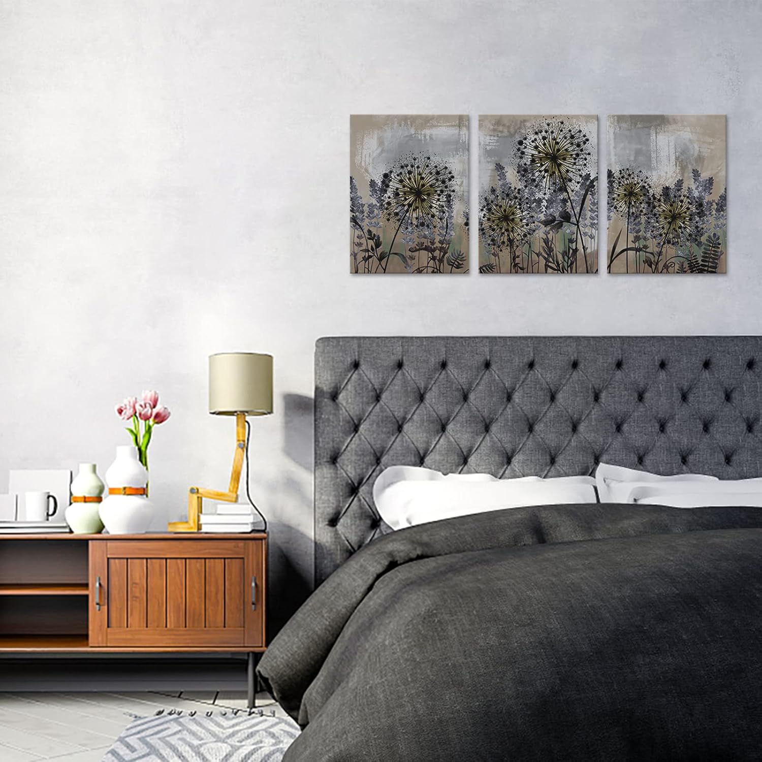 FuShvre Abstract Dandelion Wall Art 3 Pieces Vintage Dandelion and Lavender Flower Canvas Painting for Home Office Decor Gallery Wrapped Artwork Ready to Hang