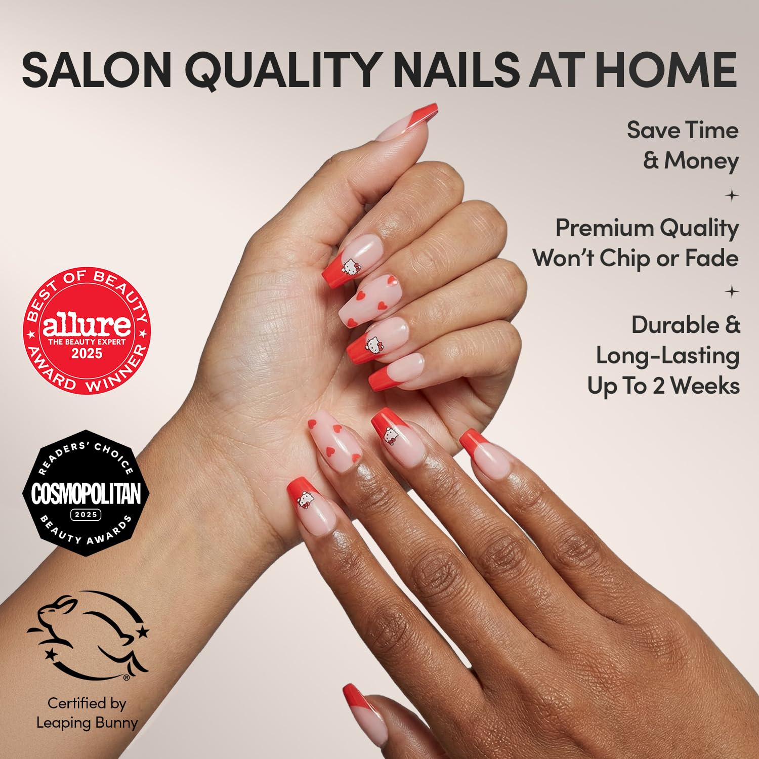 Glamnetic x Hello Kitty® and Friends Press On Nails - Hello Kitty® | Short Oval Red Graphic Fake Nails in a Velvet Finish | 15 Sizes - 30 Nail Kit with Glue