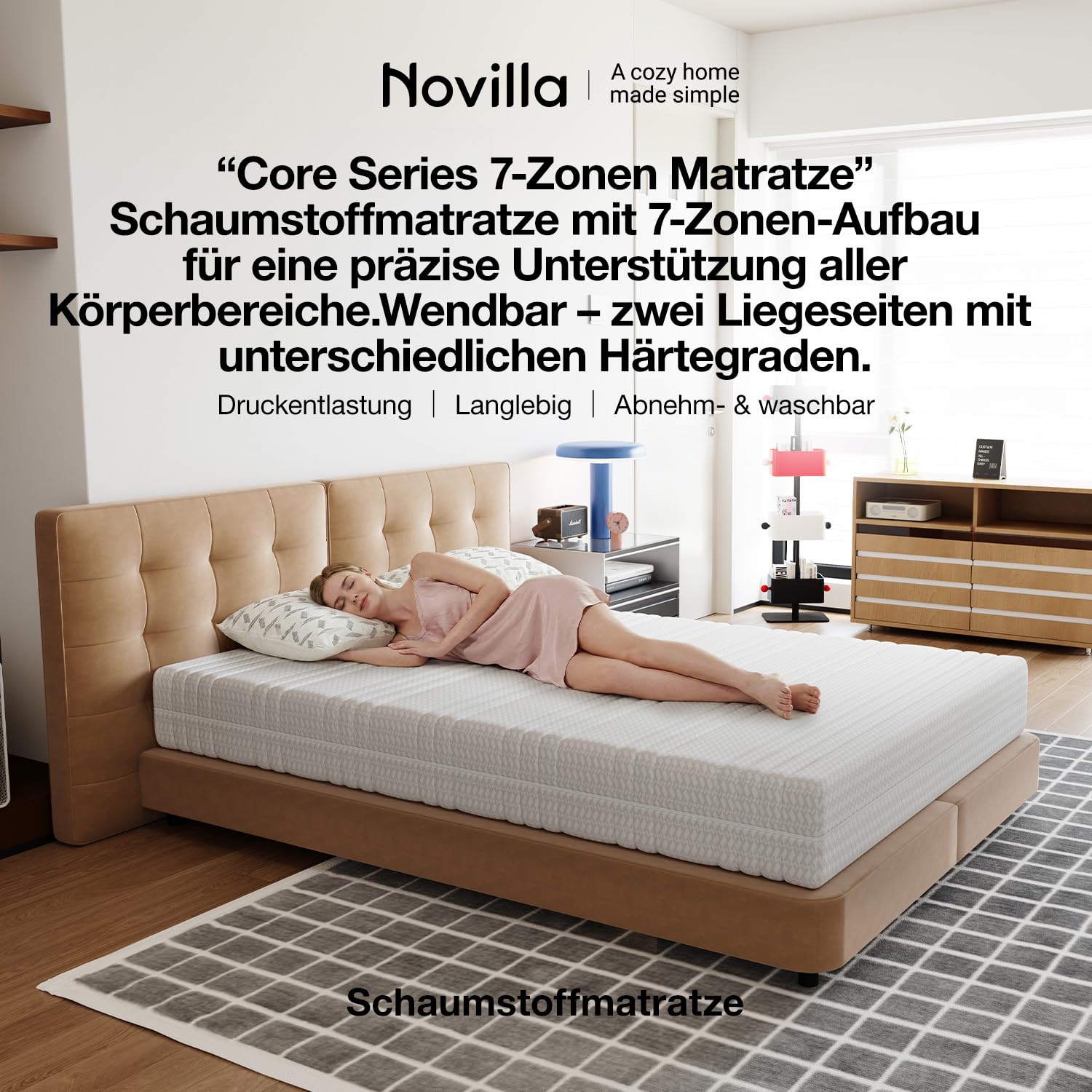 Novilla 140x200 cm Matratze Kaltschaummatratze H3/H4 Härtegrad 7-Zonen Komfortschaum Matratzen Atmungsaktiver Komfort Rollmatratze mit Abnehmbarer Stoffbezug Oeko-TEX Höhe 18 cm