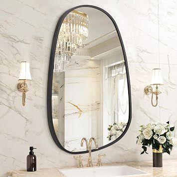 Black Irregular Bathroom Mirror for Wall, Aluminum Alloy Frame Asymmetrical Mirrors Brushed Metal Vanity Wall Mounted Mirror for LivingRoom Bedroom Room Home Decor Large 26"x14"