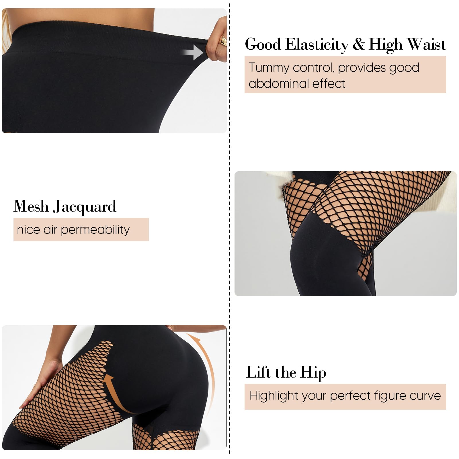 BampooPanPa Women's Fishnet Seamless Tights High Waisted Tummy Control Workout Leggings Pants (Small, Black)