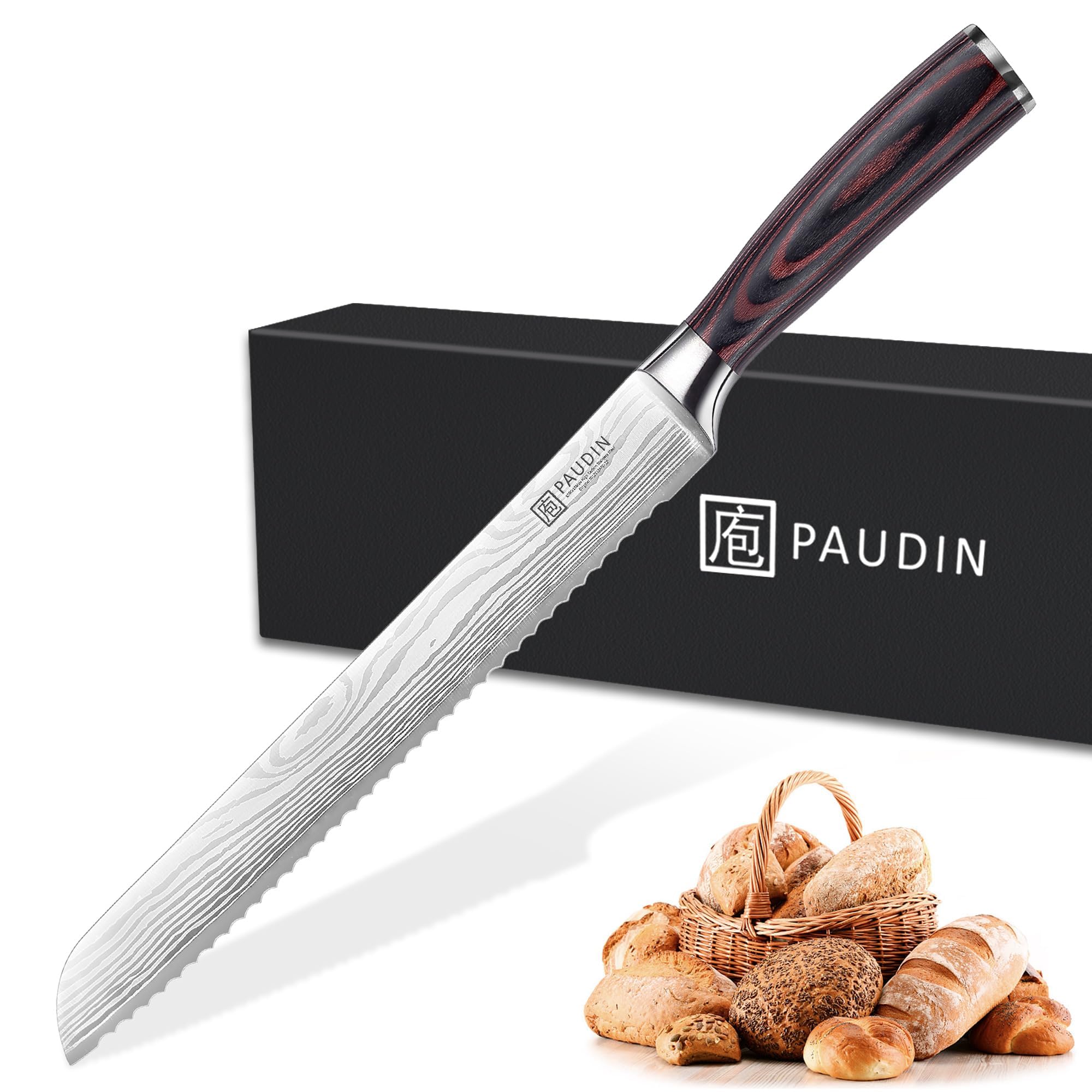 PAUDIN Bread Knife, 10 inch Serrated German Stainless Steel Knife for Efficient Slicing Sourdough, Bagels, Cake