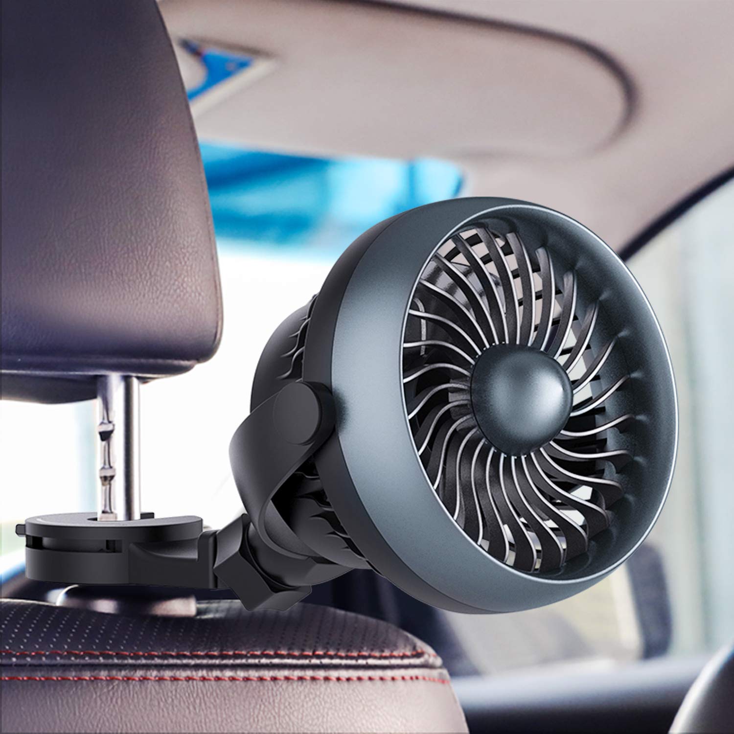 LEMOISTAR Car Fan, Battery Operated USB Car Fan, 4 Speed,Work Quiet, 360 Degree Rotatable Car Fan,5V Cooling Air Small Personal Fan for Car, Rear&Back Seat Passenger Dog etc(Blue)…