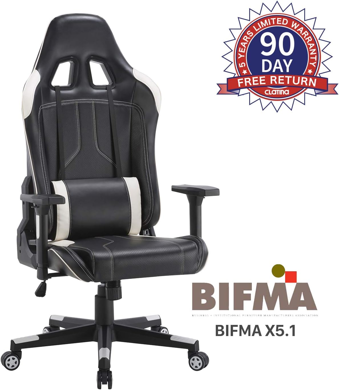 CLATINA Ergonomic Racing Office Chair Swivel Style with Adjustable PU Leather Back Support Lumbar Pillow Head and Arm Rest for Home Gaming