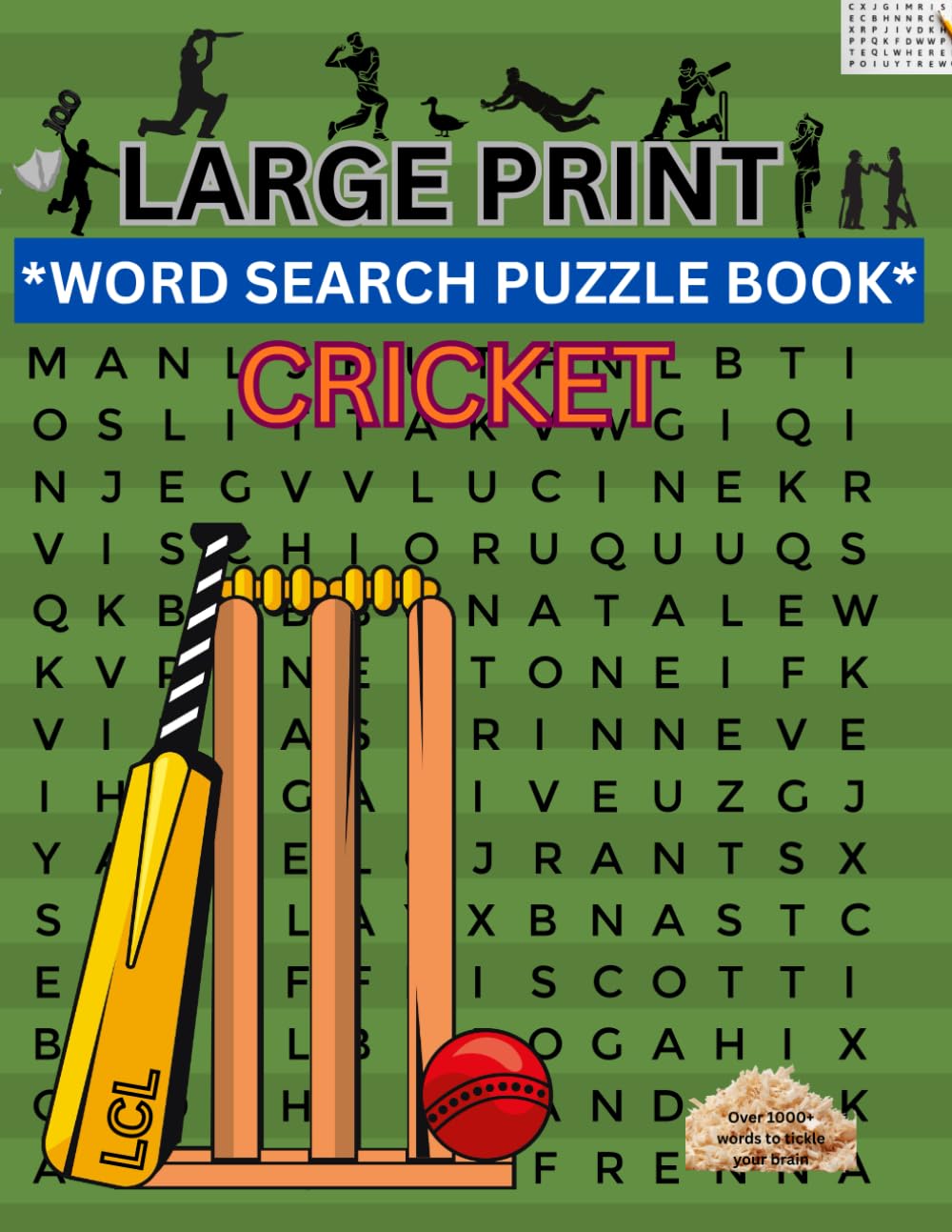 Cricket Word Search Puzzle Book Large Print: Brain Training Stress Relieving Cricket Themed Word Search Puzzle Book for Adults, Teens and Children