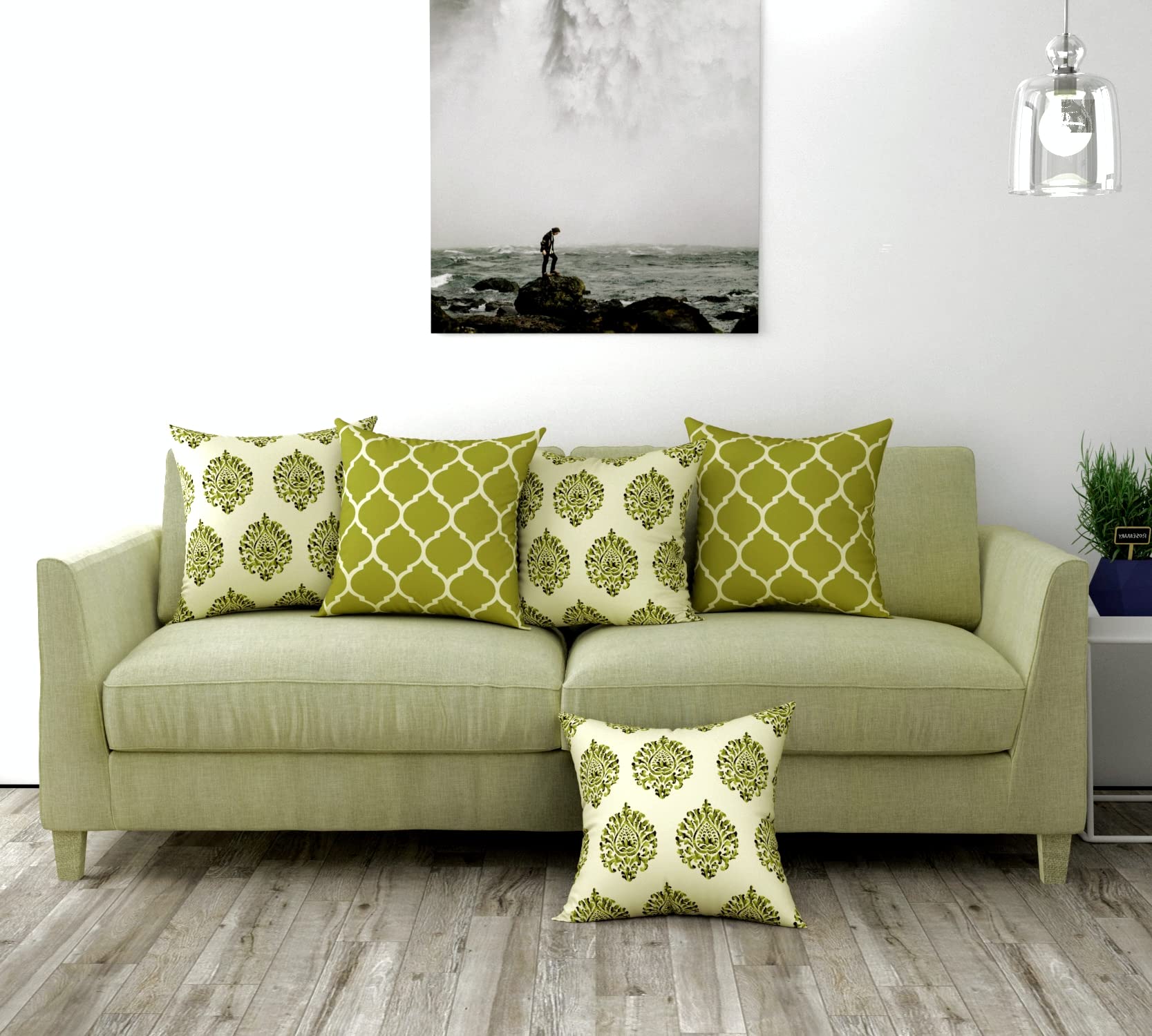 Trance Home Linen Set of 5 Premium 100% Cotton 18x18 inch Cushion Covers Only for Sofa and Diwan | Small Cushion Pillow Covers Only – (18x18 inch | 45cmx45cm, Damask & Dori Forest Green) – Set of 5