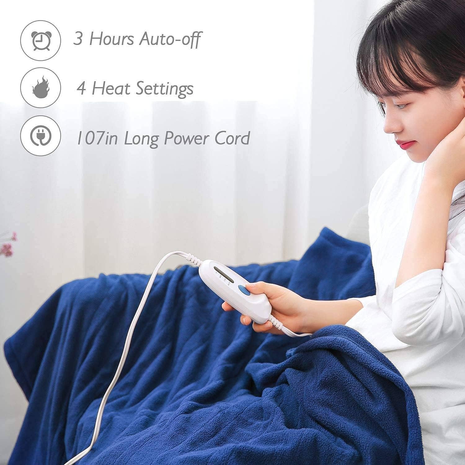 review NB Electric Blanket Heated Throw 50 x60 Lightweight Cozy Soft Fleece, 4 Temperature Settings Fast-Heating with 3 Hours Auto Off, ETL Certified, Full Body Warming, Machine Washable, Home Office Use