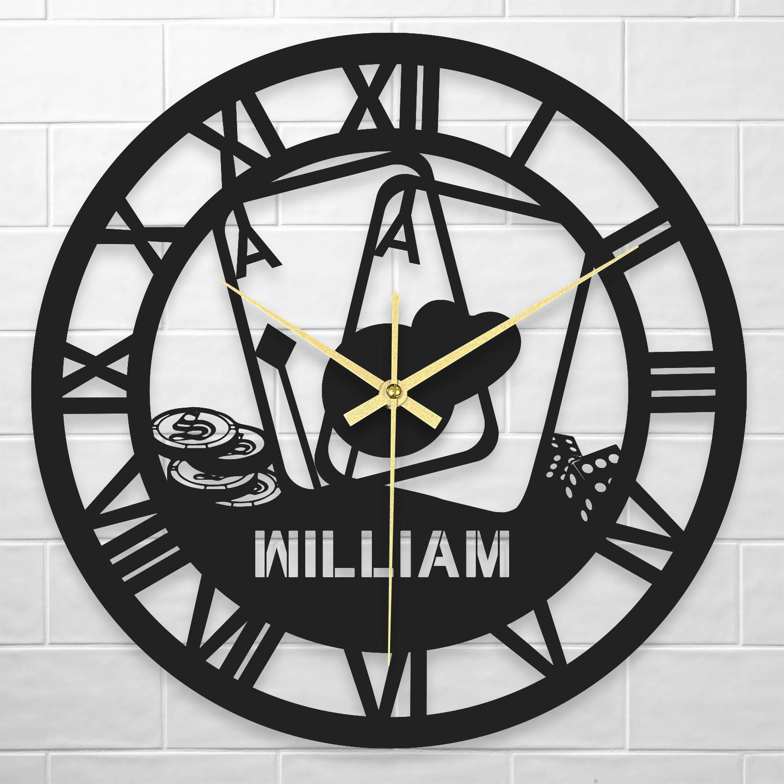 LINMQIU Personalised Poker Wall Clock with Name, Custom Round Wood Wall Clock, Large Wood Sign Wall Clock, Vintage Roman Numeral Clock for Bedroom Office Living Room Decoration, Housewarming Gifts