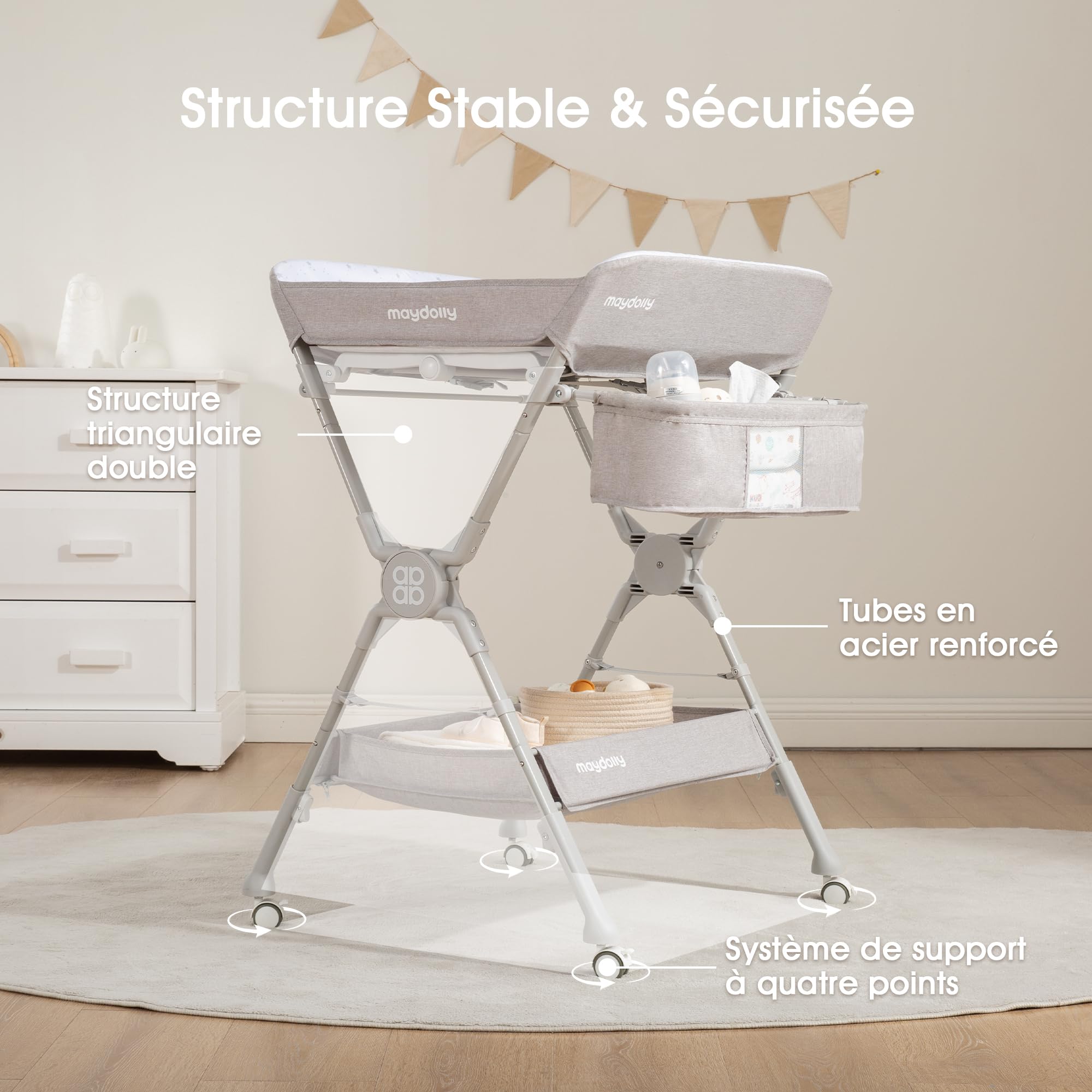 Table à langer pliable et réglable en hauteur Maydolly, table à langer mobile avec roulettes, matelas imperméable facile à nettoyer, commode à langer compacte avec rangements – jusqu’à 15 kg, gris