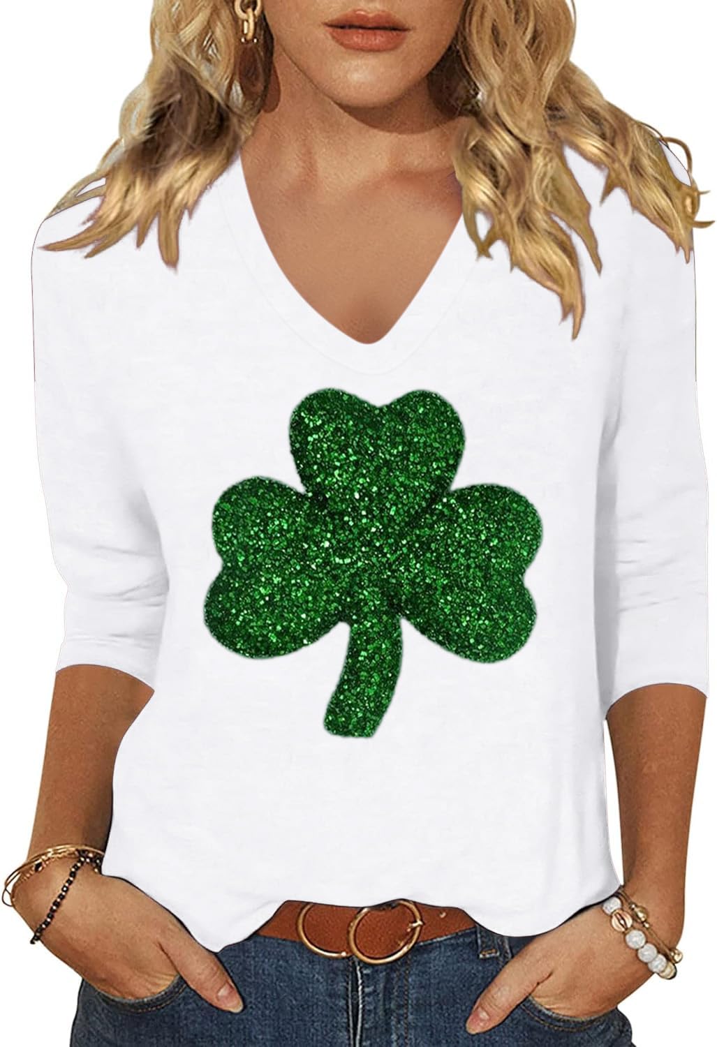 Womens 3/4 Sleeve V Neck T-Shirts Valentina's Day Spring Shirts Love Heart Graphic Tee Tops