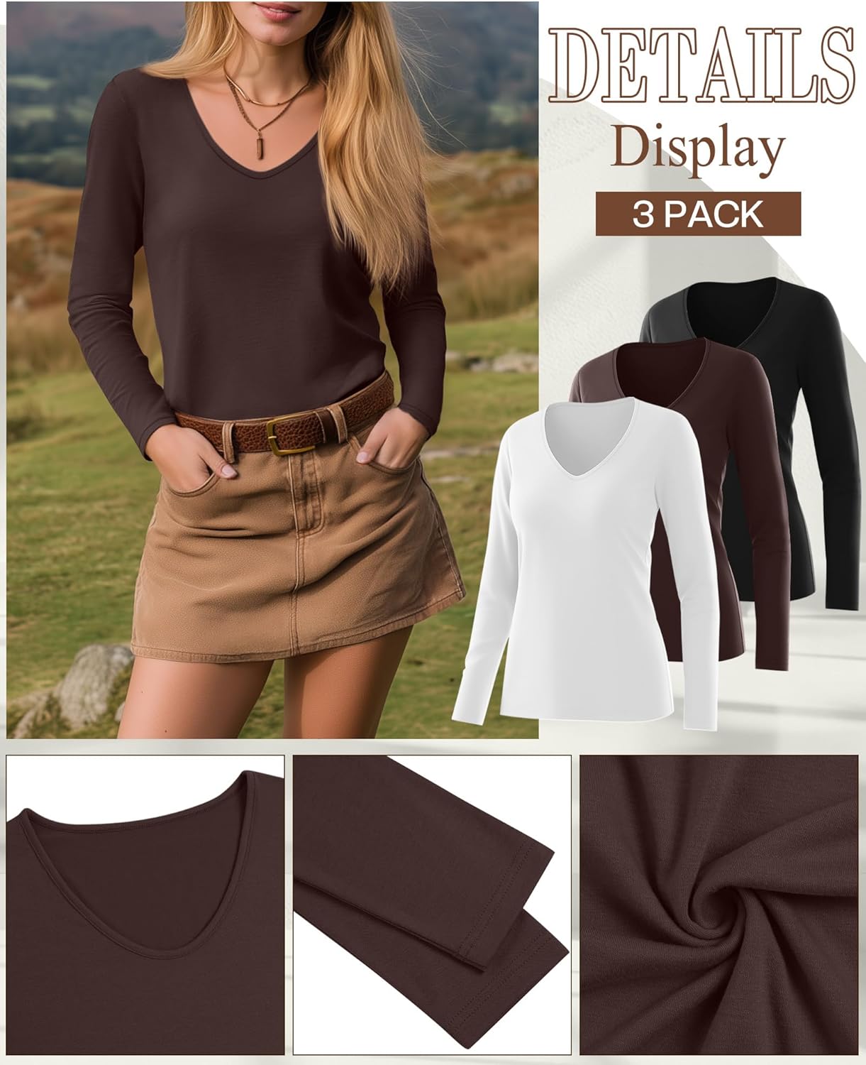 Ficerd 3 Pack Women's Long Sleeve T Shirts, V Neck Basic Tops Fall Casual Trendy Tees Loose Fit Soft Clothes Outfits - Image 5