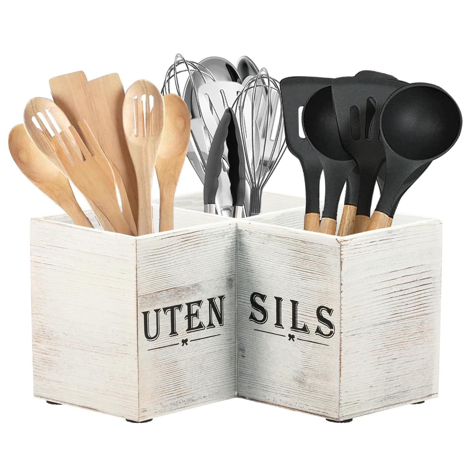 CBWERBB Extra Large Kitchen Utensils Holder,Utensil Holder Wooden Corner Cutlery Caddy Cooking Utensil Organizer with 3 Compartments for Kitchen Countertop Farmhouse Decor (White)