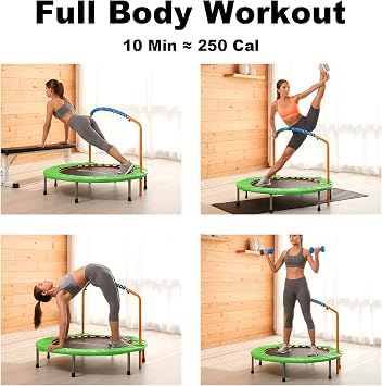 38'' Foldable Fitness Trampoline for Adults, Adjustable Handle Rebounder, Mini Trampoline for Indoor & Outdoor Workout, 220 lbs Capacity with Foam Handle for All Levels