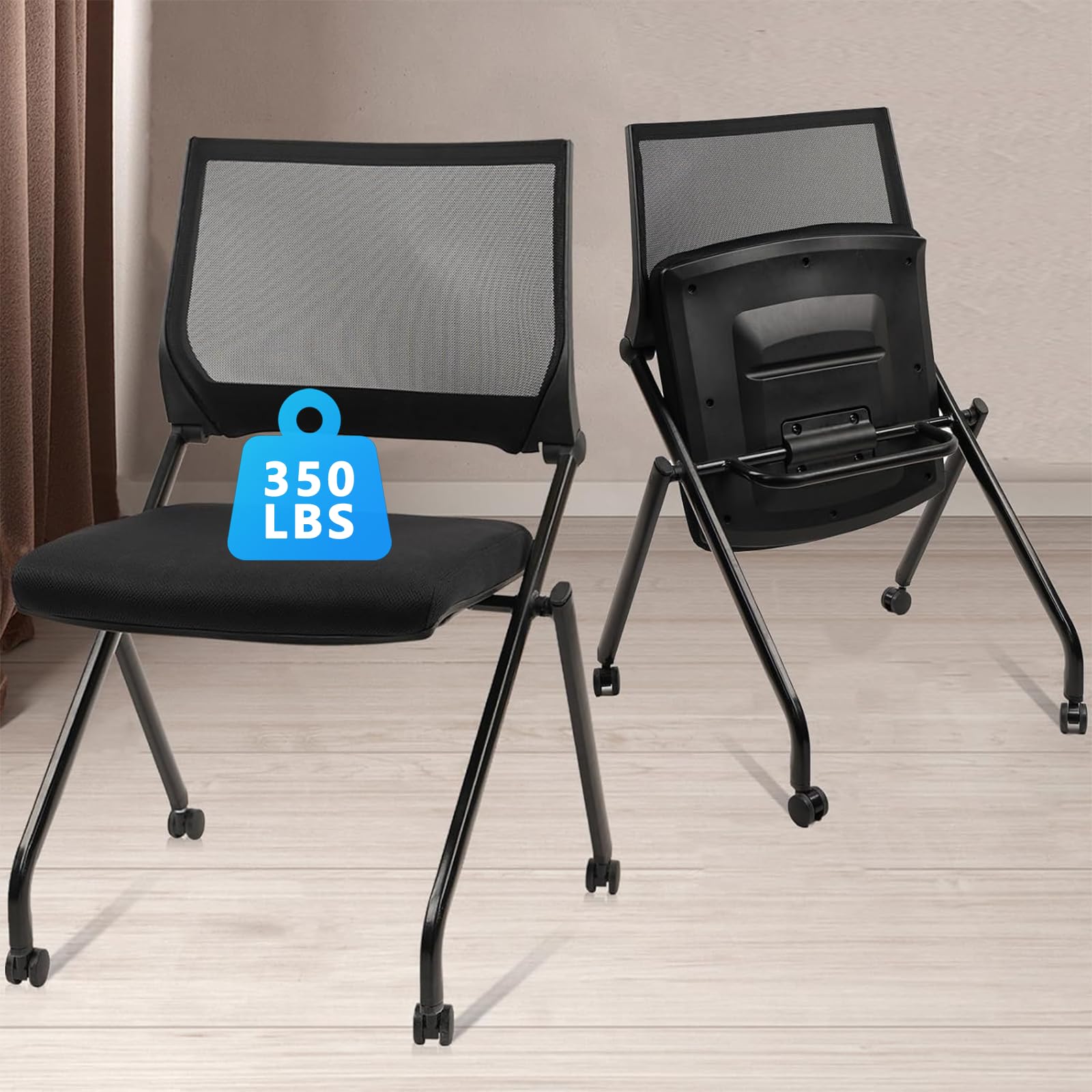 CLATINA Stackable & Foldable Conference Room Chairs, Waiting Room Chairs with Wheels & Lumbar Support, Ergonomic Mesh Bouncing Back Folding Chair for
