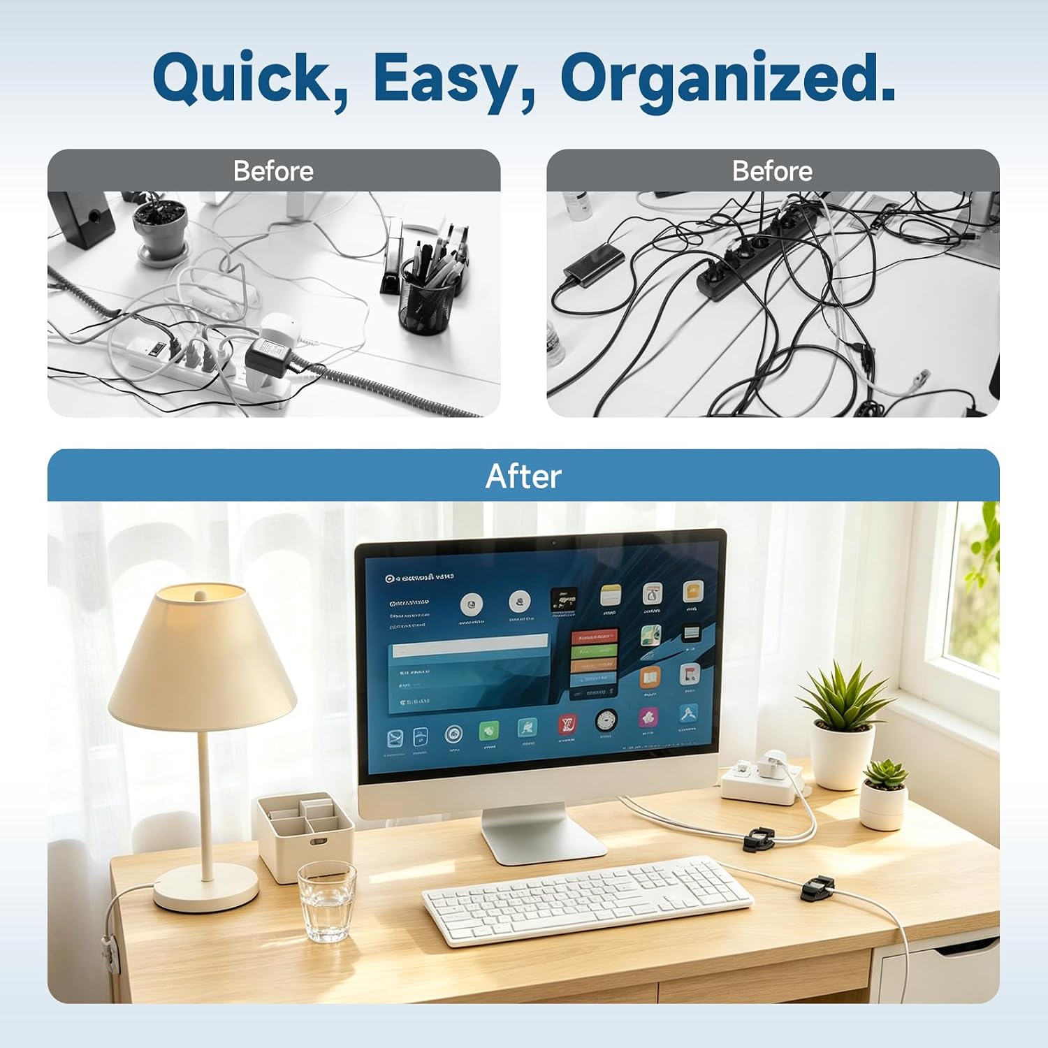10 Sets Adjustable Cable Management Clips, Self Adhesive Cord Organizer with Elastic Loop, Reusable Cable Holder for Desk, Under Desk, Wall, TV, Office, Home, Charging Cables, USB, HDMI, PC Wires