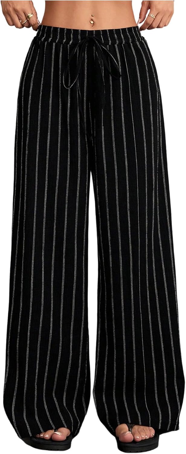 GORGLITTER Women's Striped Wide Leg Pants Elastic High Waisted Business Casual Drawstring Trousers with Pockets