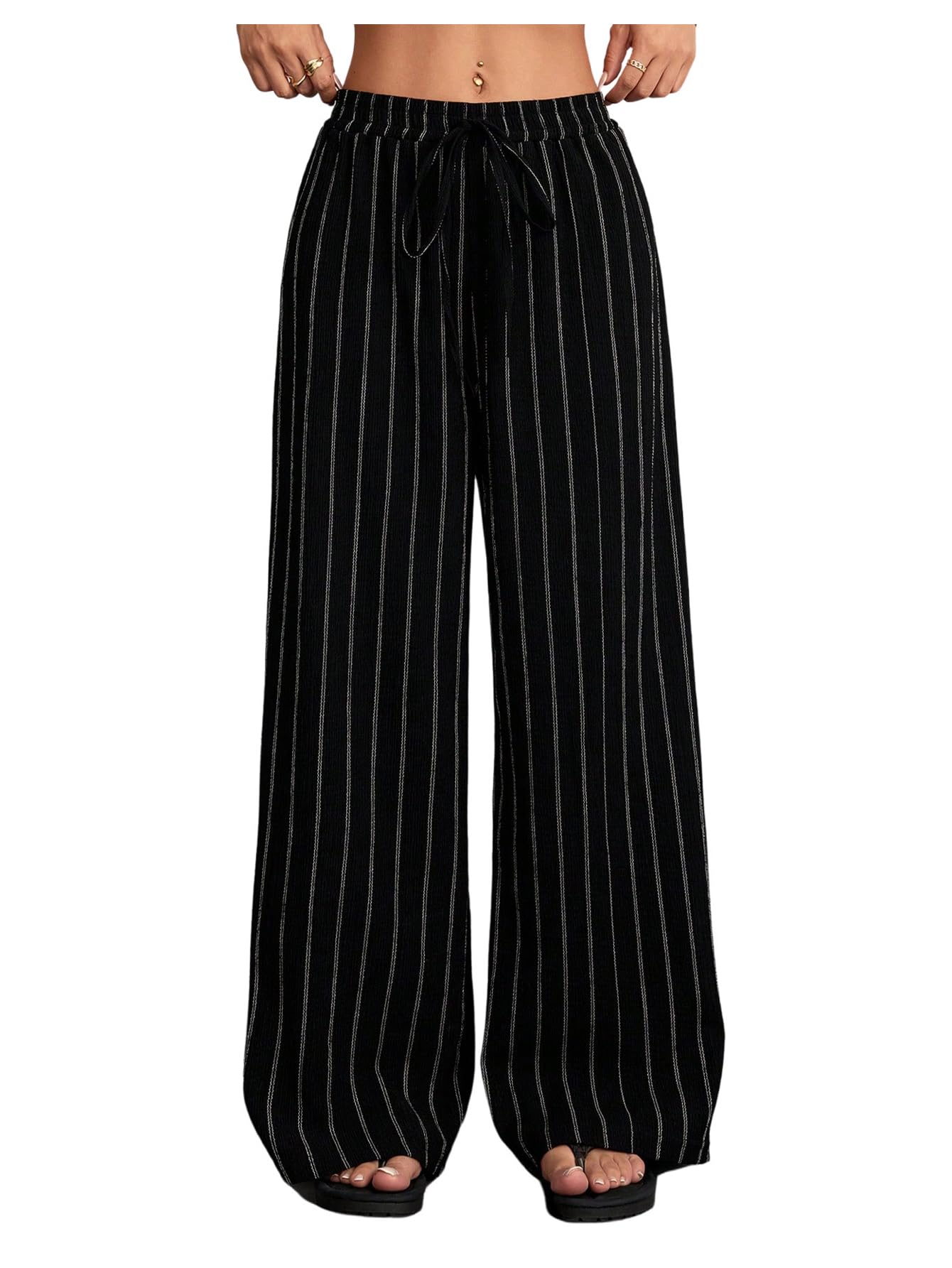 GORGLITTER Womens Striped Wide Leg Pants Elastic Waist Business Casual Trousers with Pockets