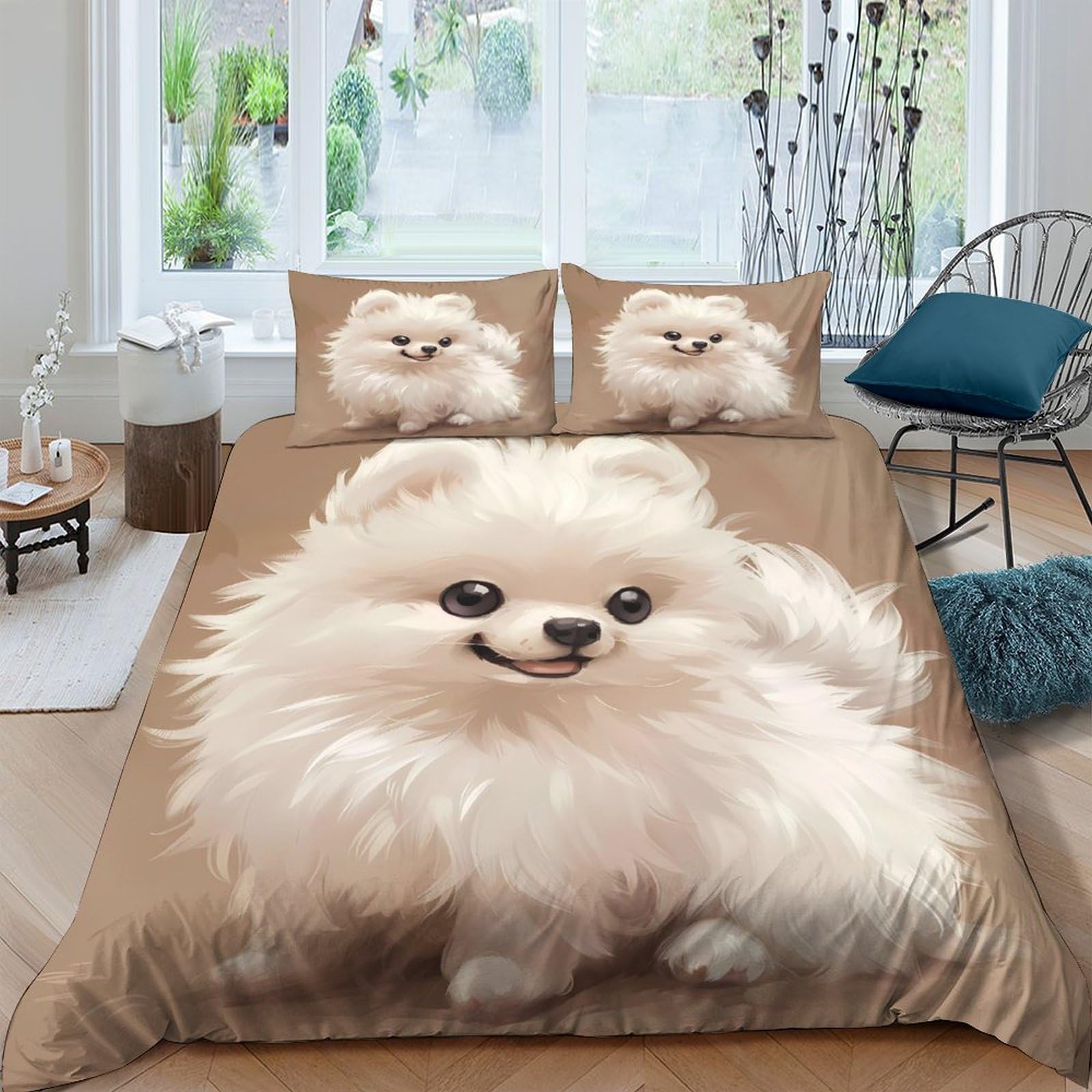 Ctjqhvkz Style-1 3D Printed Cream Pomeranian Fitted Sheet Microfiber Soft Fluffy Dog Bed Cover For Bedroom Guest Room Mattress Protection Decor Single（135X200cm）
