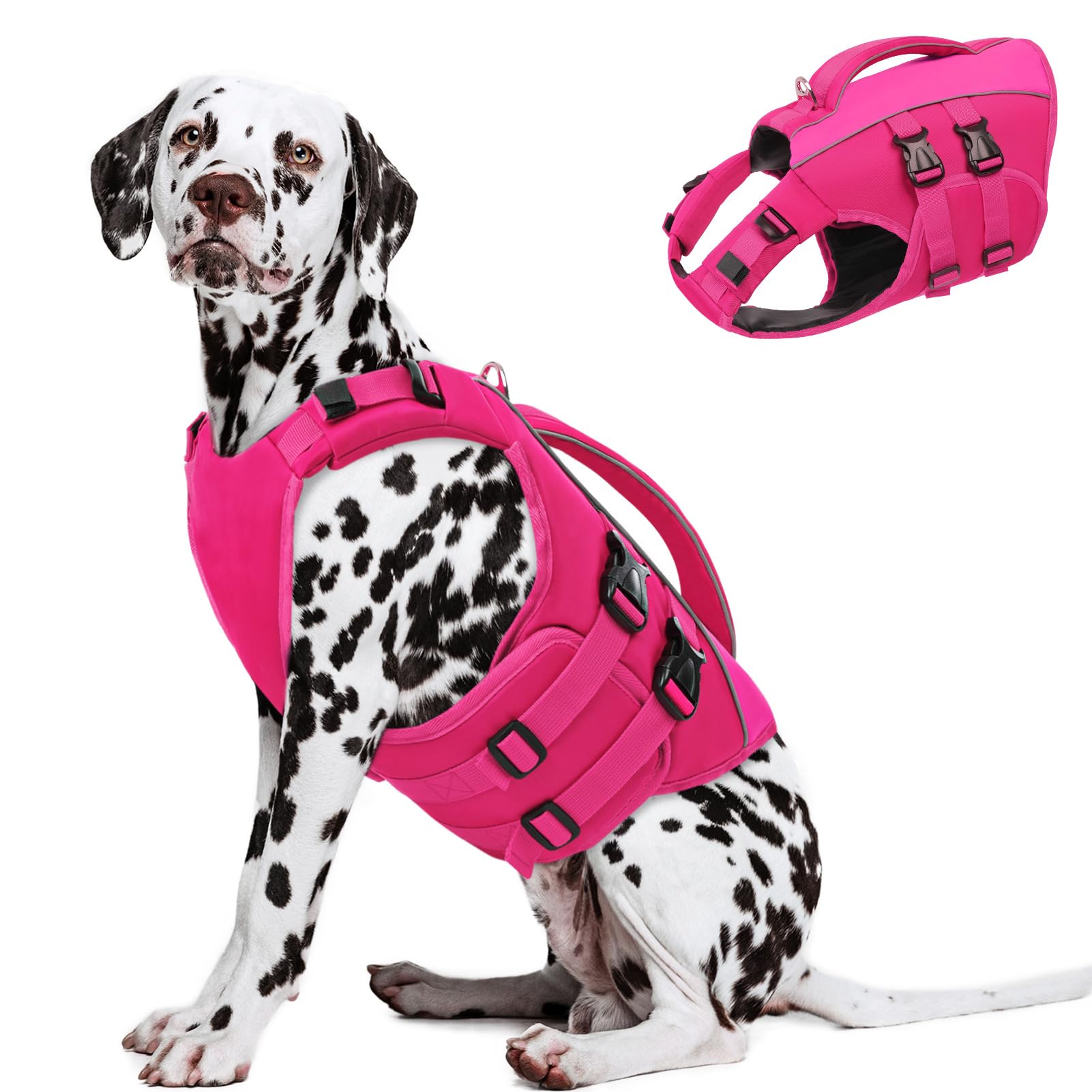 Queenmore Dog Swimming Vest, Reflective Dog Life Jackets Large, Adjustable Pet Life Vest With Rescue Handle, Ripstop, For Sausage Dog,Corgi,French Bulldog,Pug,Pitbull (Rose,XL)