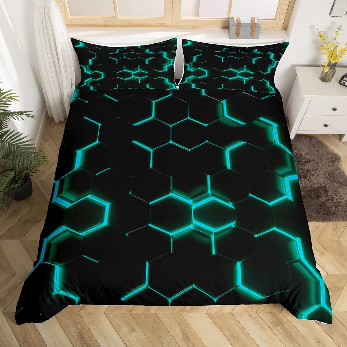 richhome Cyan and Black Printed Duvet Cover Set Hexagonal Bedding Set Double Size Children Teenagers Beehive Decoration Comforter Cover Set Beehive Geometric Minimalist Bedding