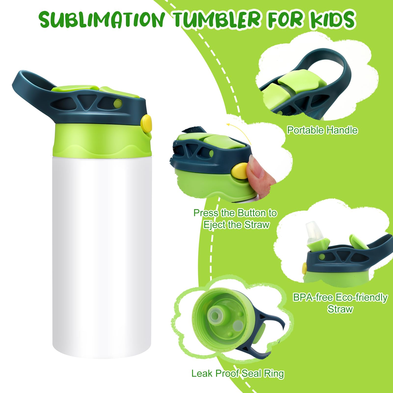 Paquete de 2 vasos de sublimación para niños, vaso de acero inoxidable con aislamiento de doble pared de 12 onzas con 2 tapas de popote reemplazables y parte inferior de goma